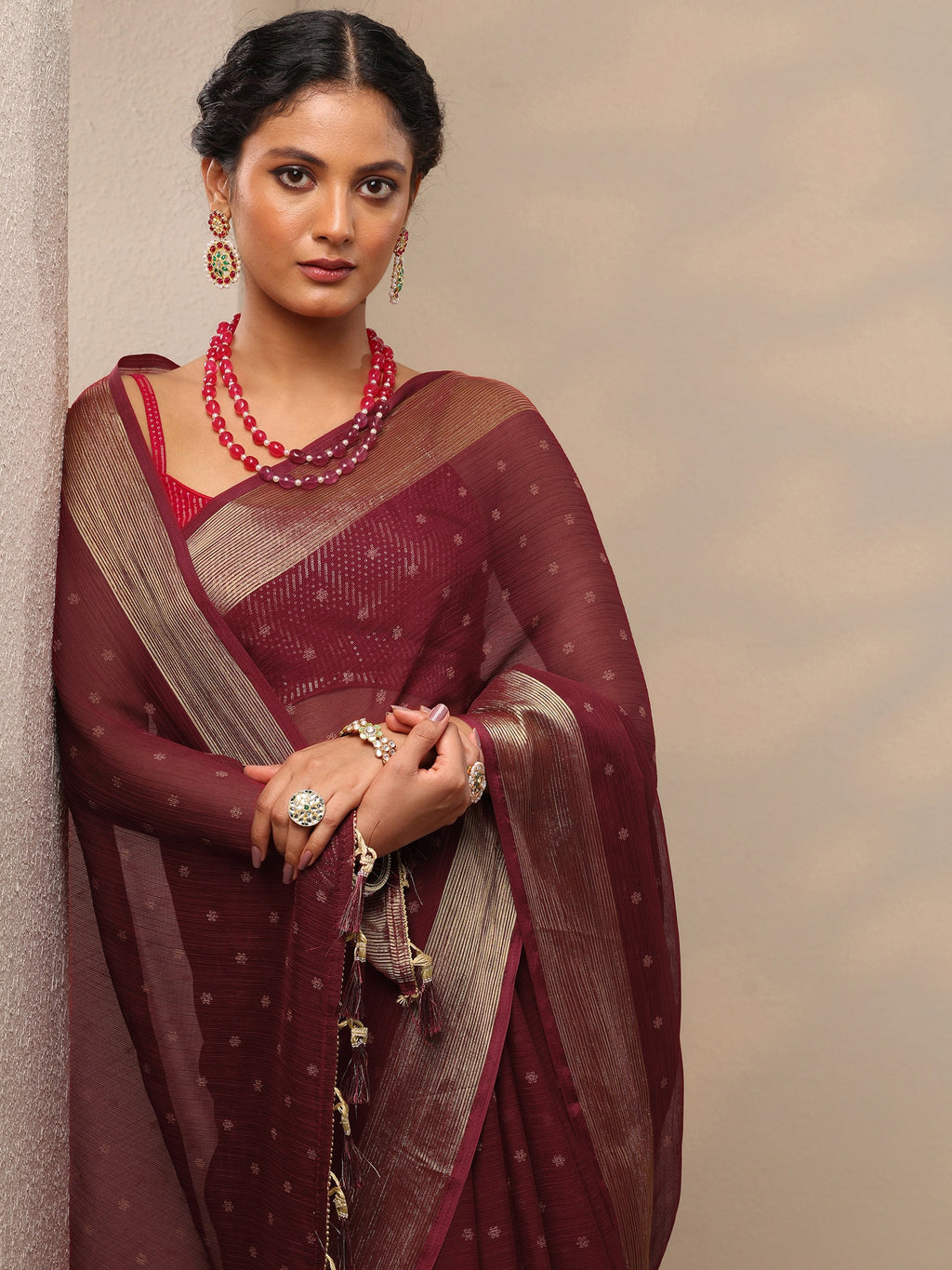 Libas Wine Printed Chiffon Saree With Unstitched Blouse Piece