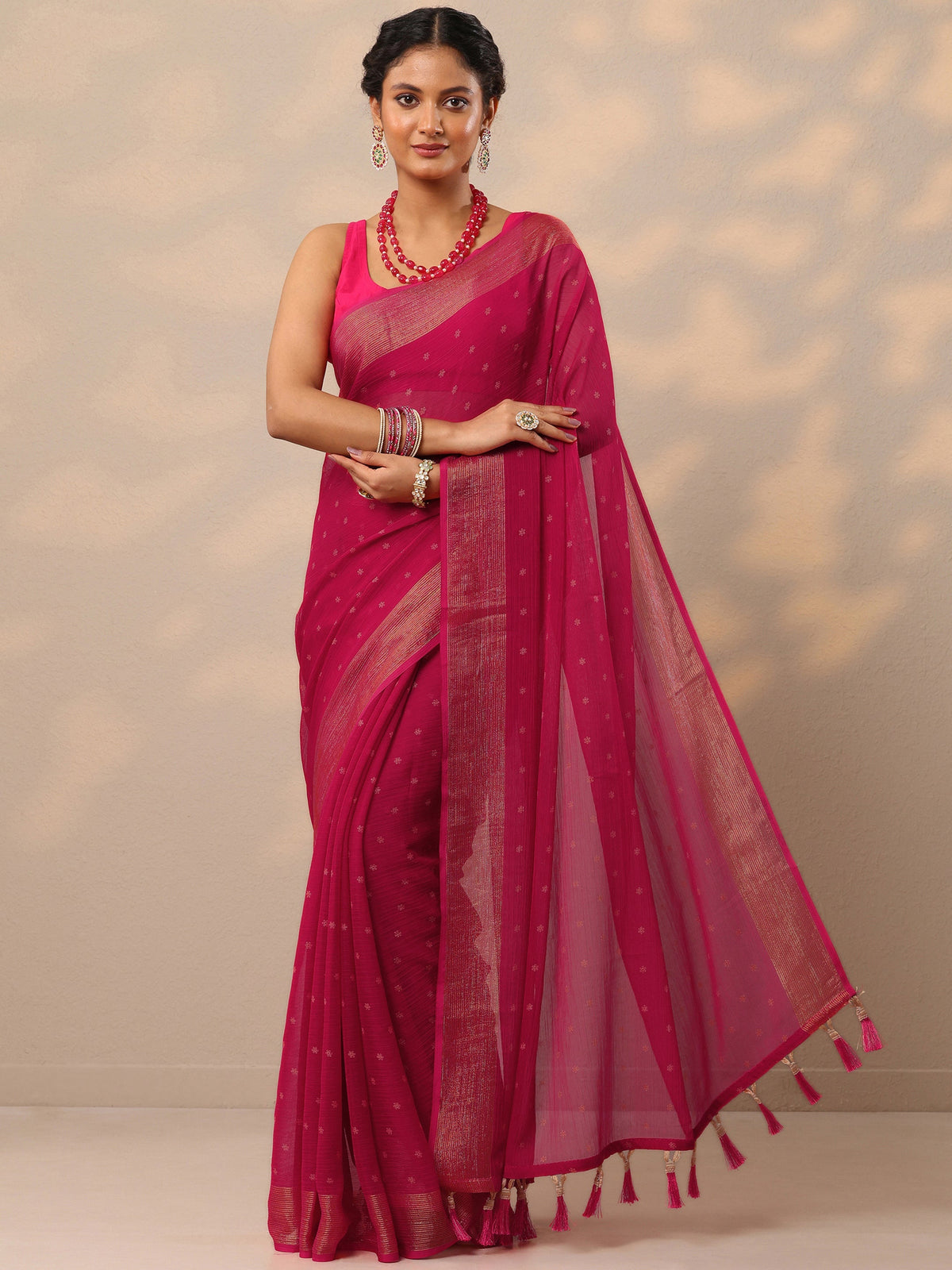 Libas Pink Printed Chiffon Saree With Unstitched Blouse Piece