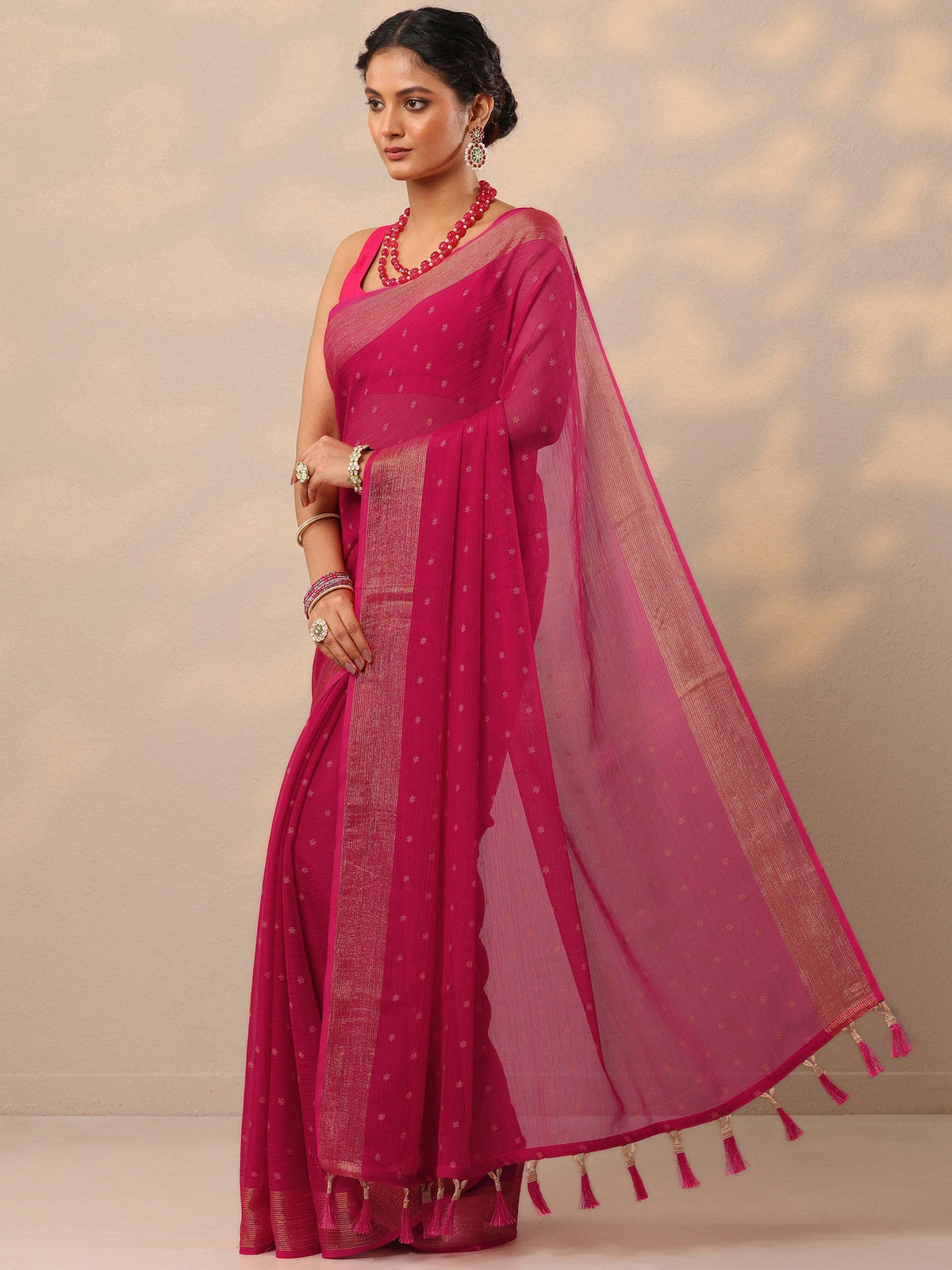 Libas Pink Printed Chiffon Saree With Unstitched Blouse Piece S45