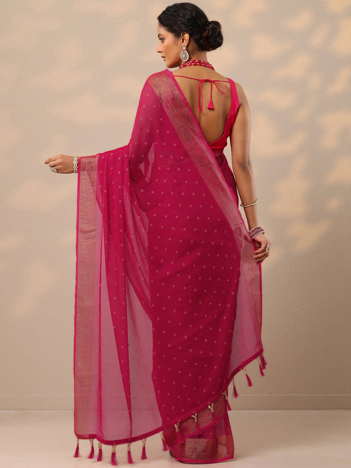 Libas Pink Printed Chiffon Saree With Unstitched Blouse Piece S45
