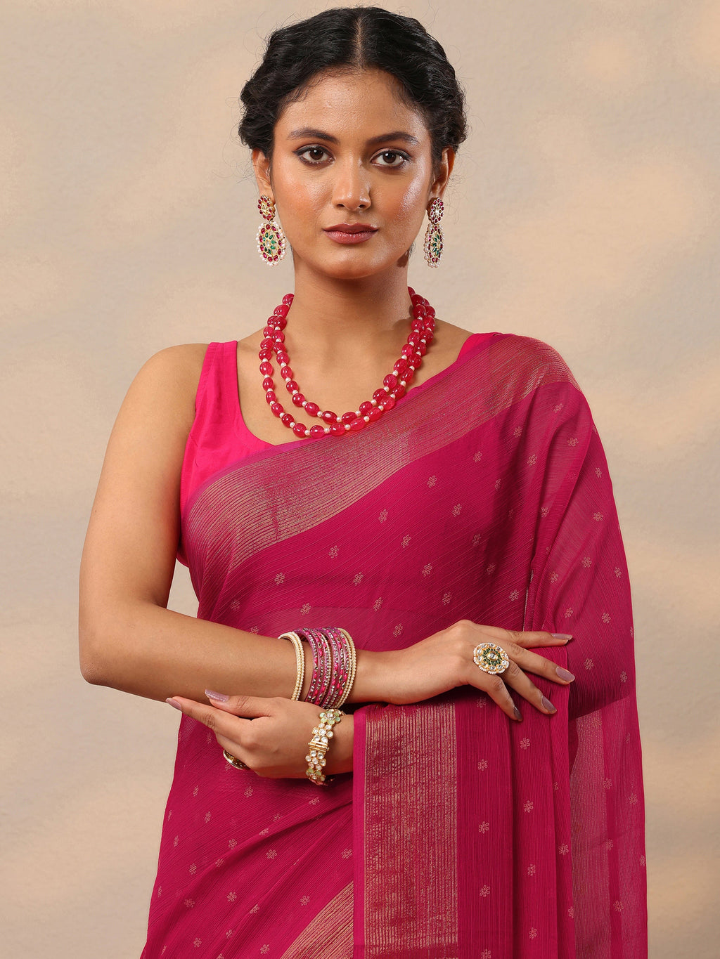 Libas Pink Printed Chiffon Saree With Unstitched Blouse Piece