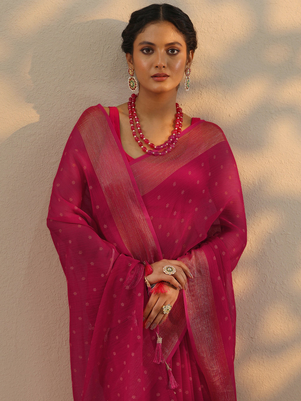 Libas Pink Printed Chiffon Saree With Unstitched Blouse Piece