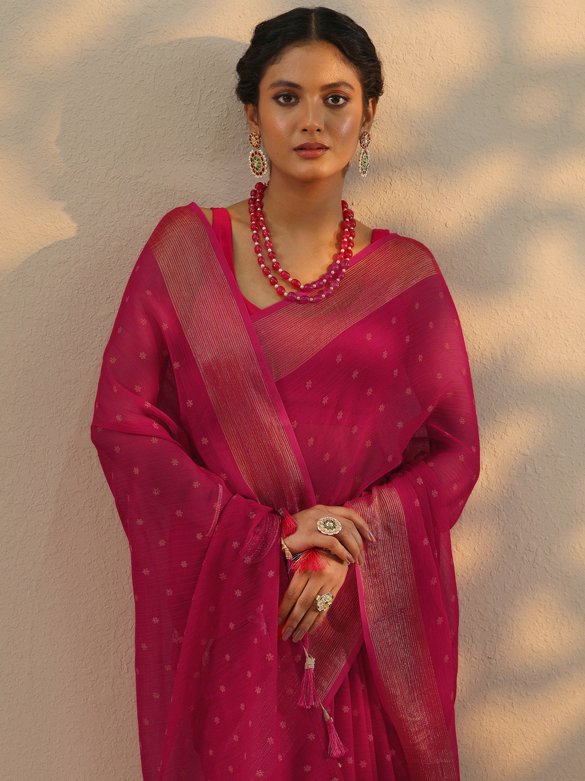 Libas Pink Printed Chiffon Saree With Unstitched Blouse Piece