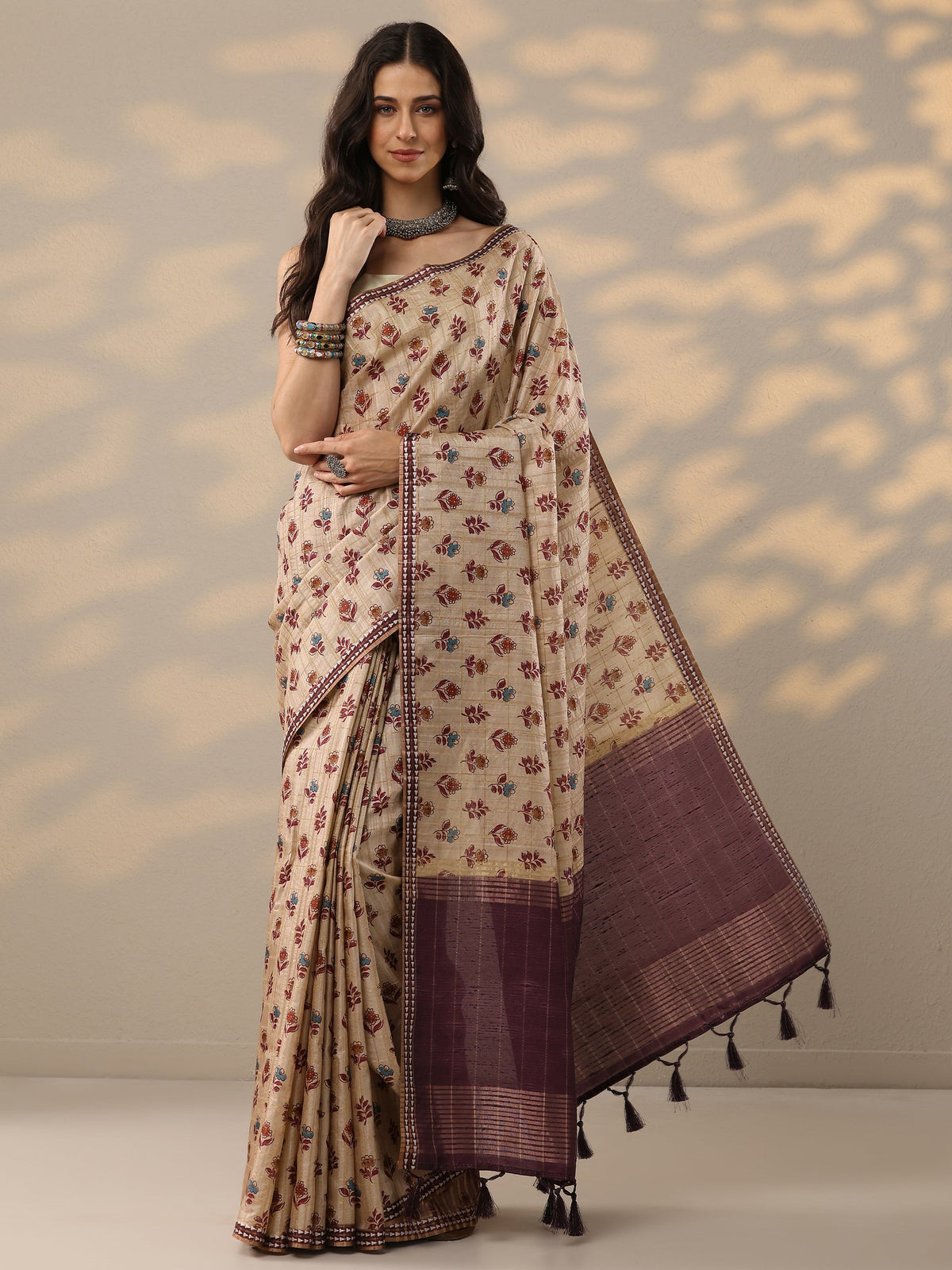 Libas Beige Ikkat Printed Silk Blend Saree With Unstitched Blouse Piece