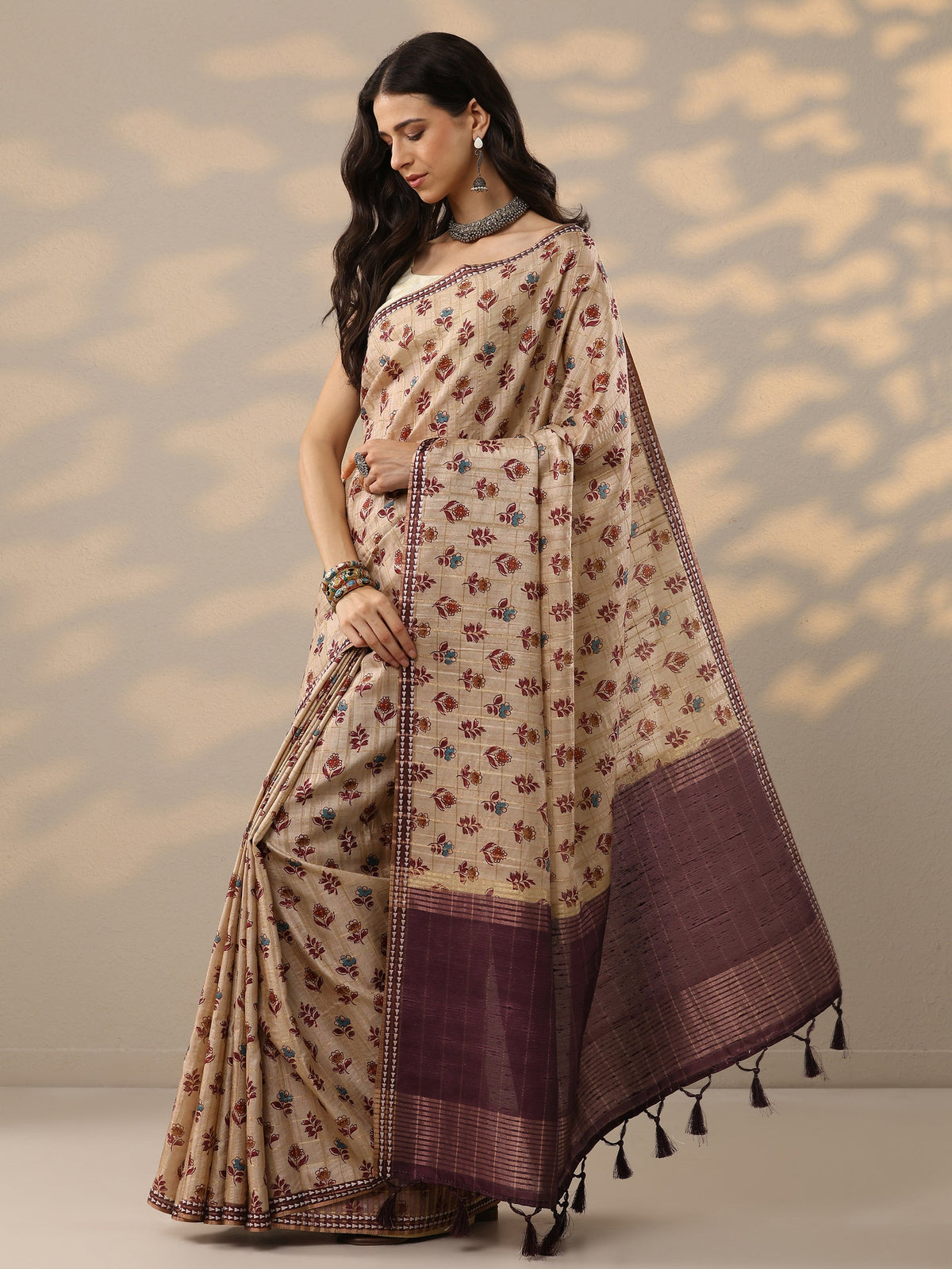 Libas Beige Ikkat Printed Silk Blend Saree With Unstitched Blouse Piece