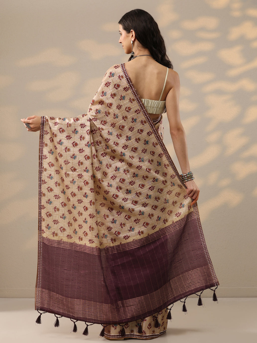 Libas Beige Ikkat Printed Silk Blend Saree With Unstitched Blouse Piece