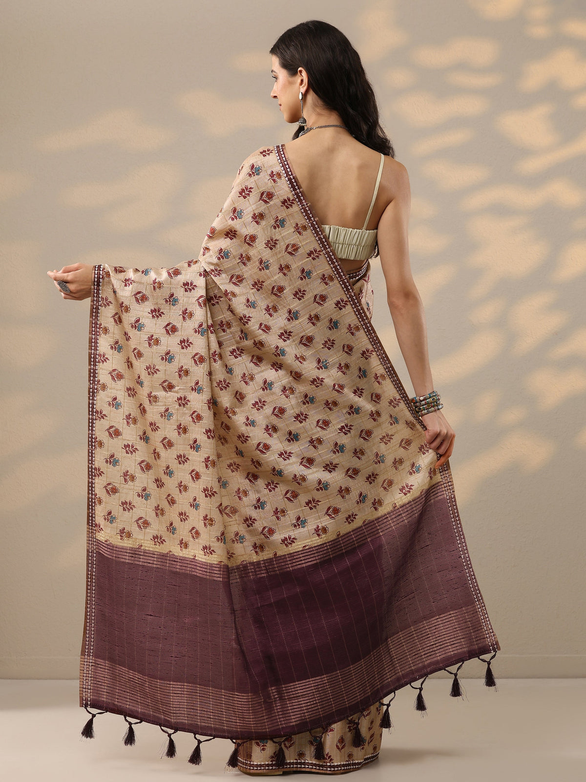 Libas Beige Ikkat Printed Silk Blend Saree With Unstitched Blouse Piece