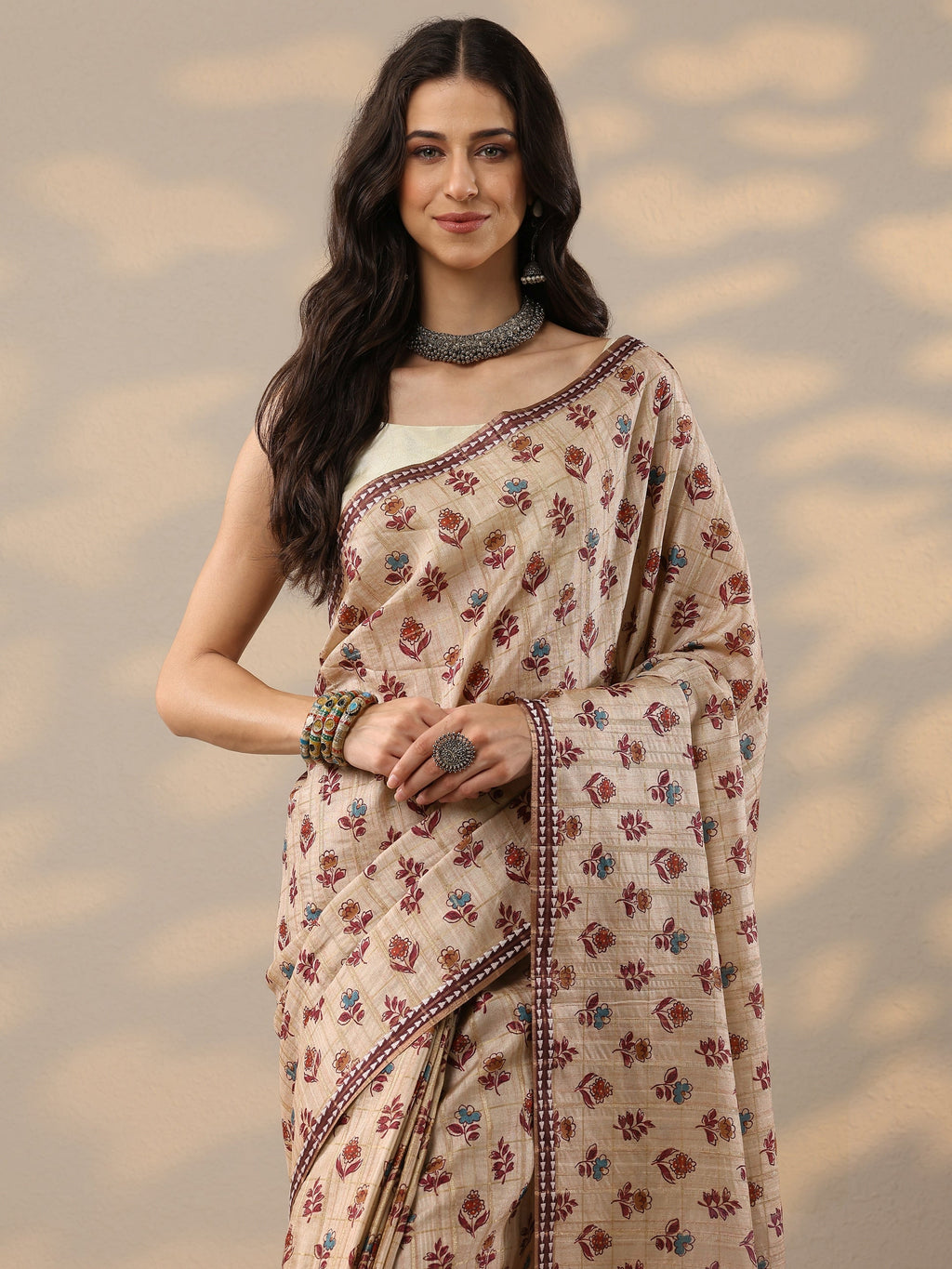Libas Beige Ikkat Printed Silk Blend Saree With Unstitched Blouse Piece