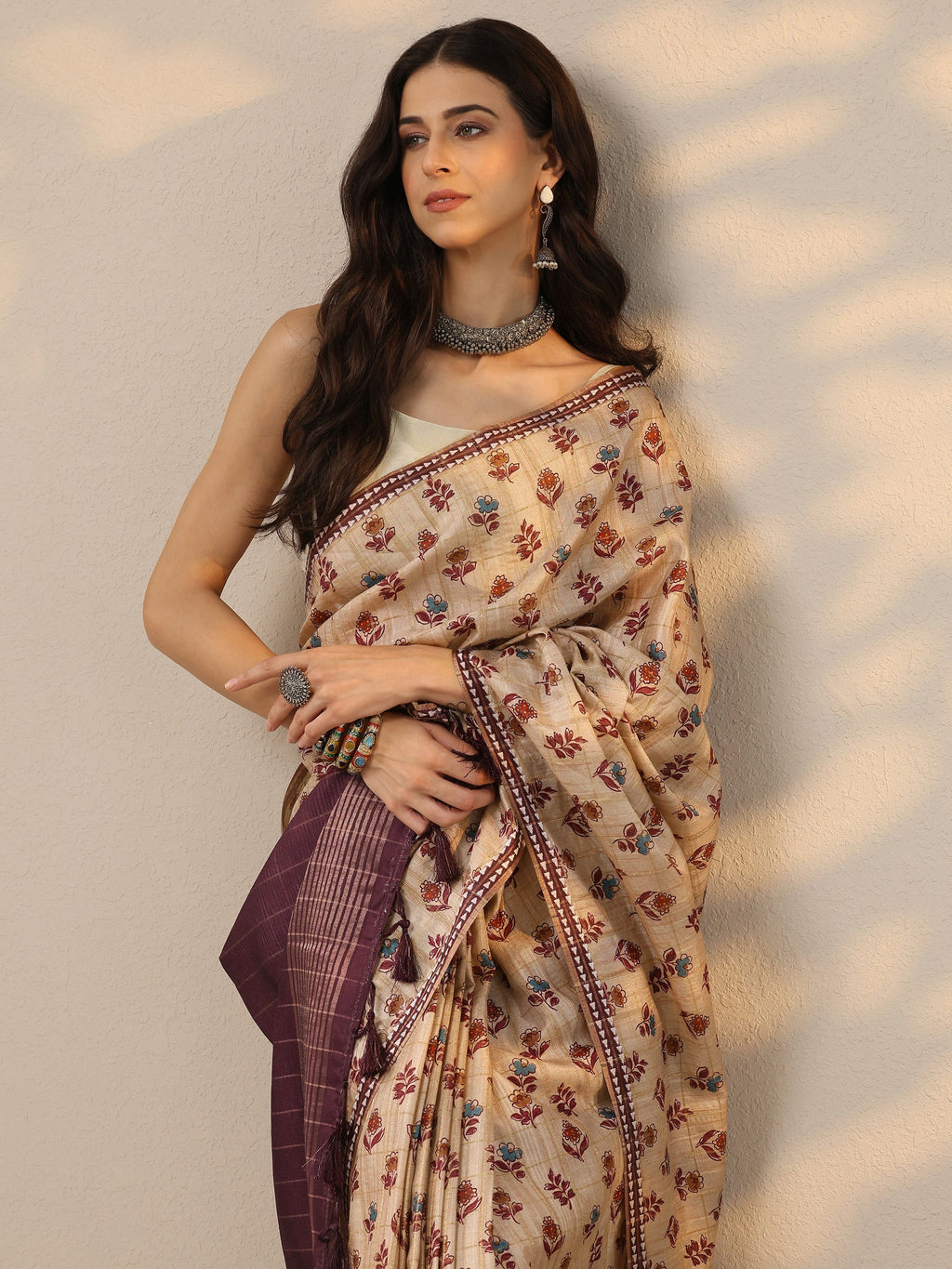 Libas Beige Ikkat Printed Silk Blend Saree With Unstitched Blouse Piece