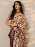 Libas Beige Ikkat Printed Silk Blend Saree With Unstitched Blouse Piece