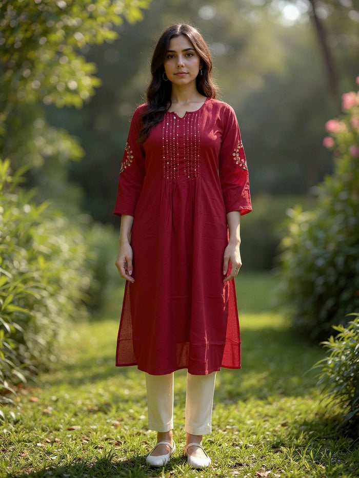 Women Maroon Rayon Embroidered Straight Kurta | U3S - view 1