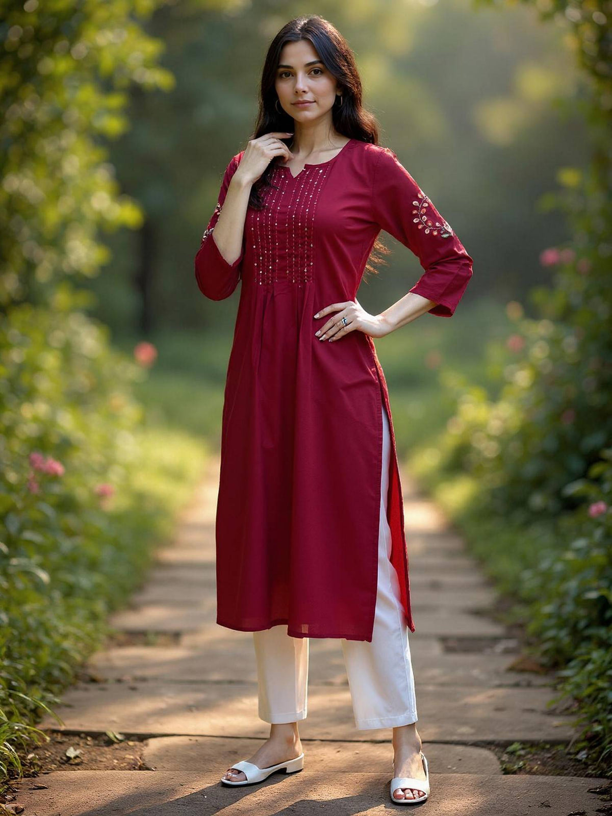 Women Maroon Rayon Embroidered Straight Kurta | FY93 - view 3