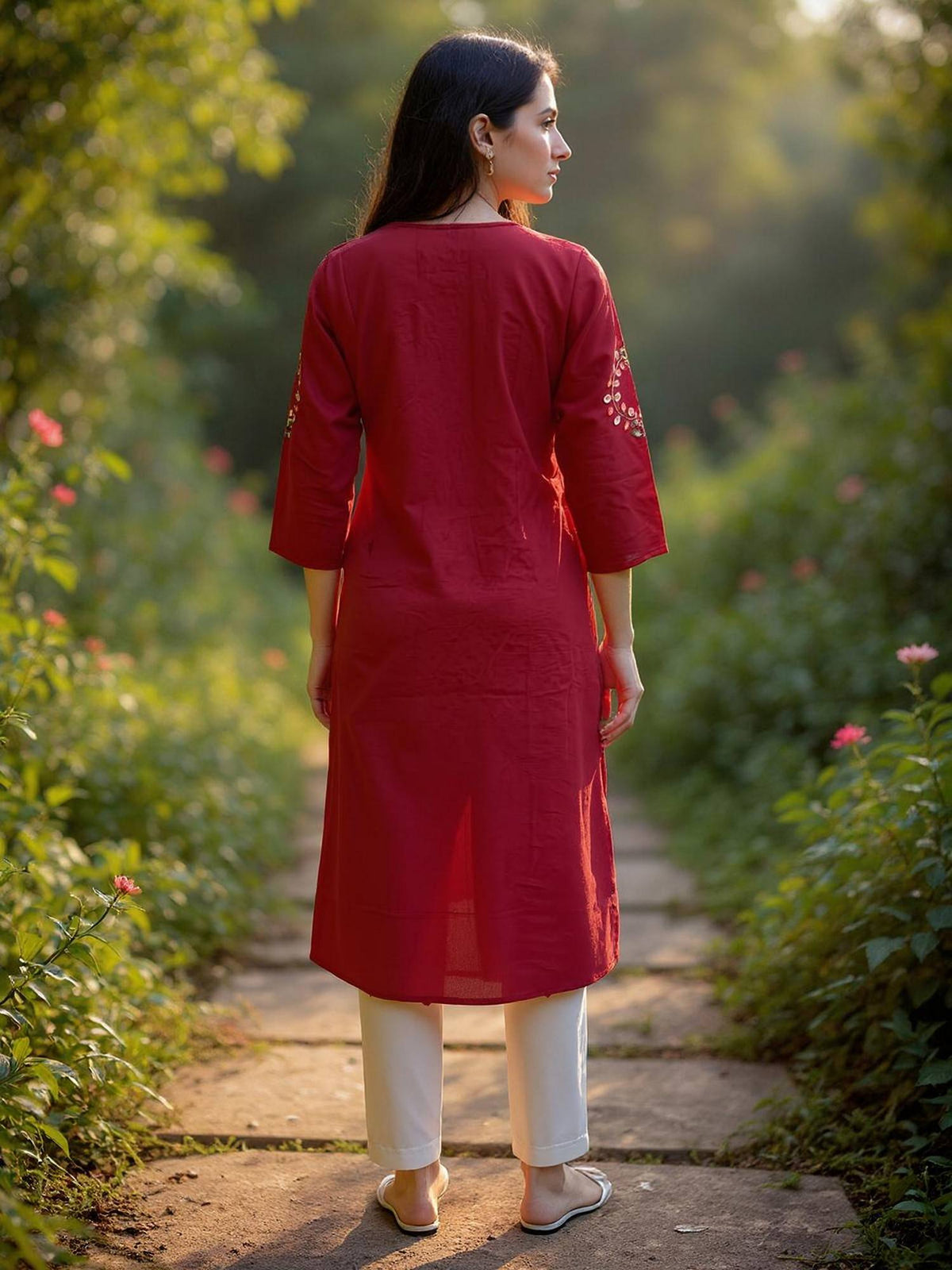 Women Maroon Rayon Embroidered Straight Kurta | FY93 - view 4