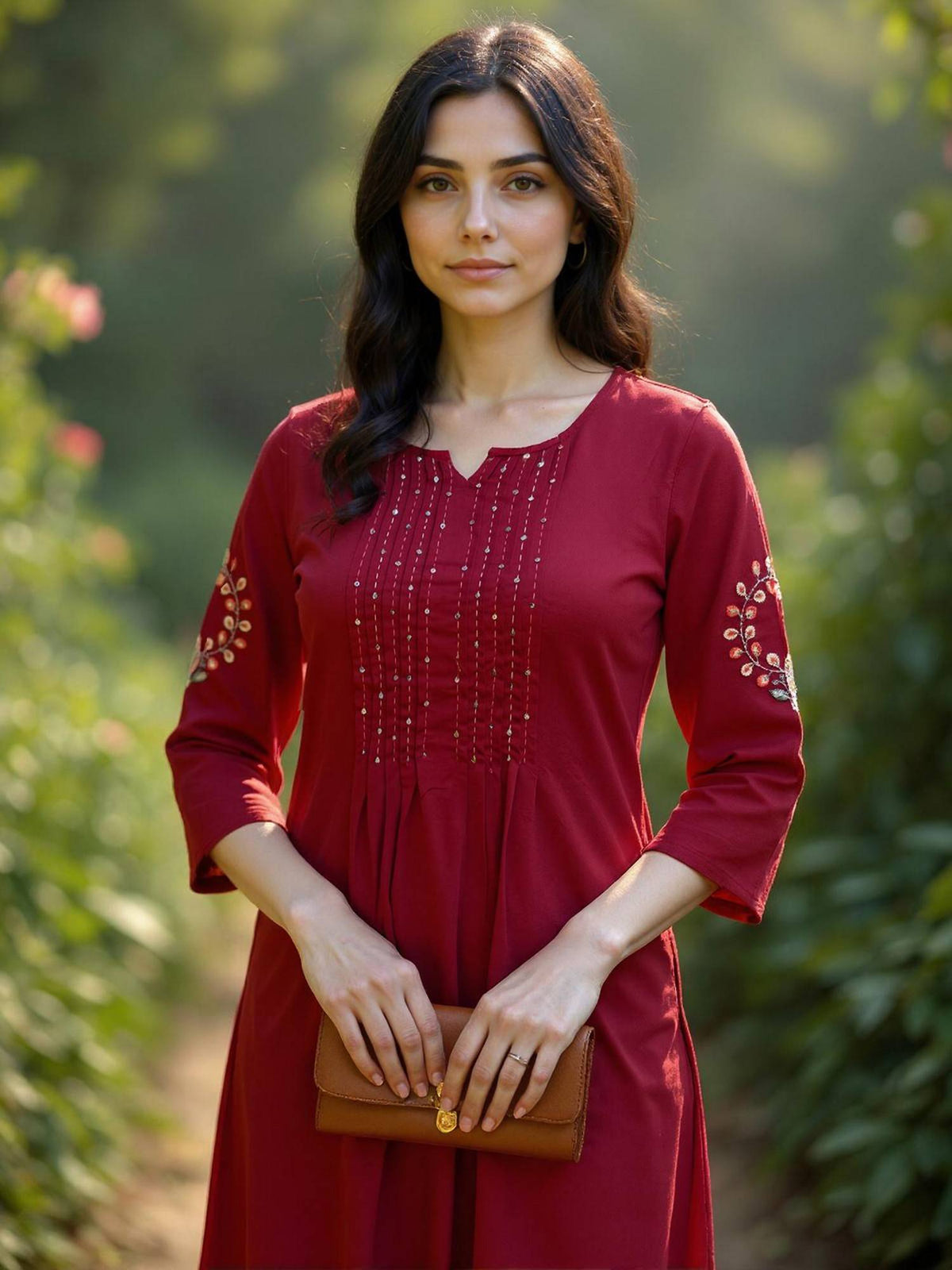 Women Maroon Rayon Embroidered Straight Kurta | U3S - view 5