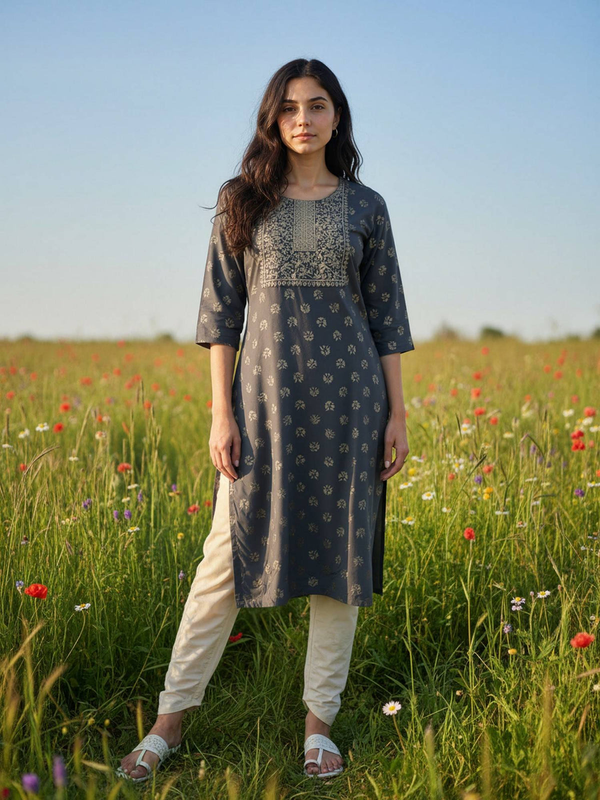 Women Dark Grey Embroidered Straight Kurta | KDG - view 1