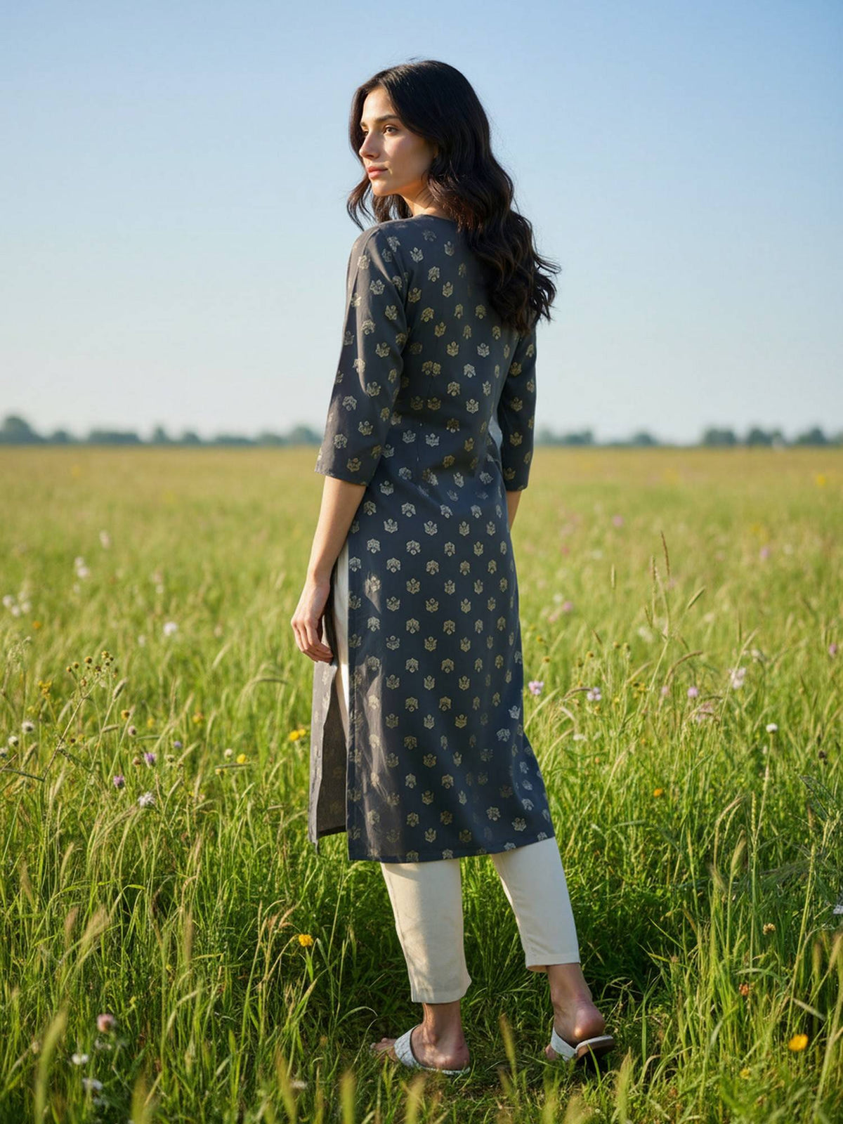 Women Dark Grey Embroidered Straight Kurta | KDG - view 3