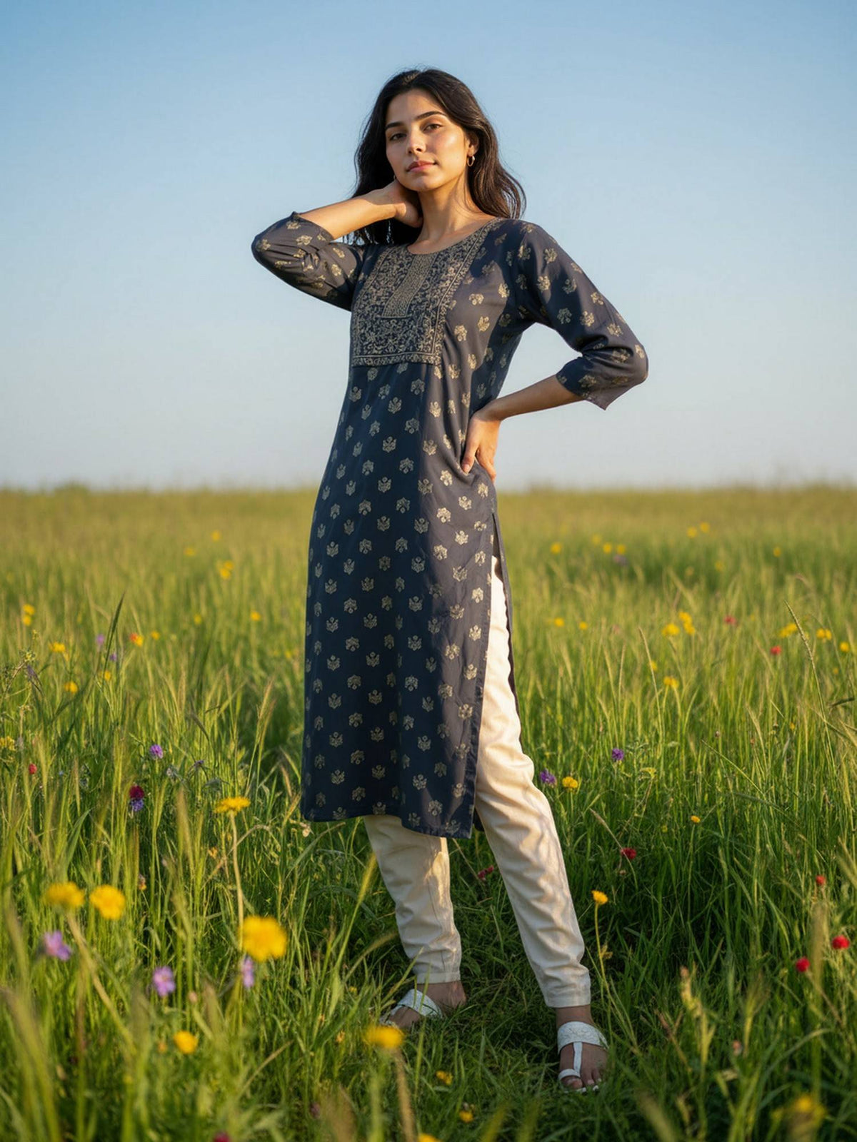 Women Dark Grey Embroidered Straight Kurta | KDG - view 4