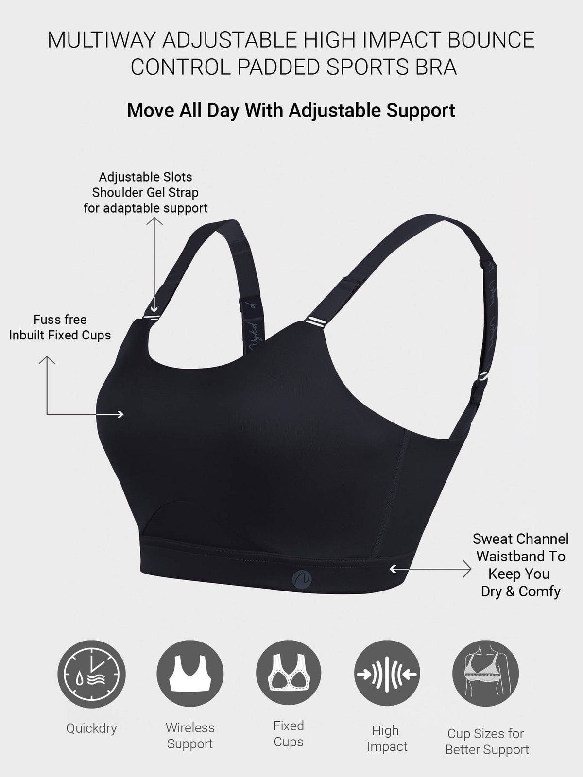Multiway Adjustable High Impact Bounce Control Padded Sports Bra NYK908 Jet Black | sb09 - view 2