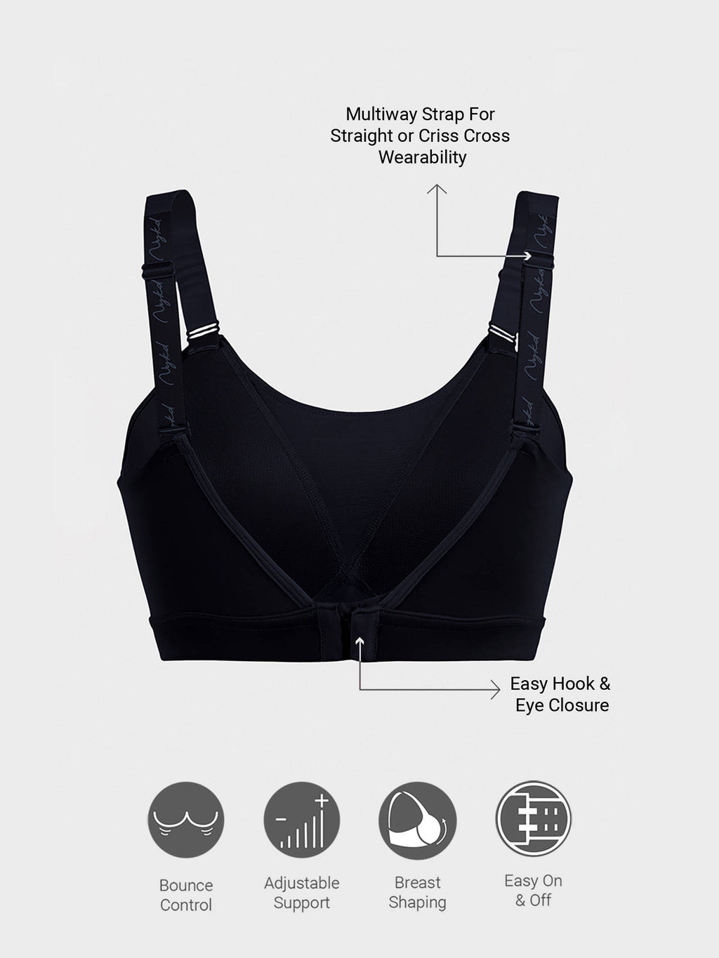 Multiway Adjustable High Impact Bounce Control Padded Sports Bra NYK908 Jet Black | sb09 - view 3