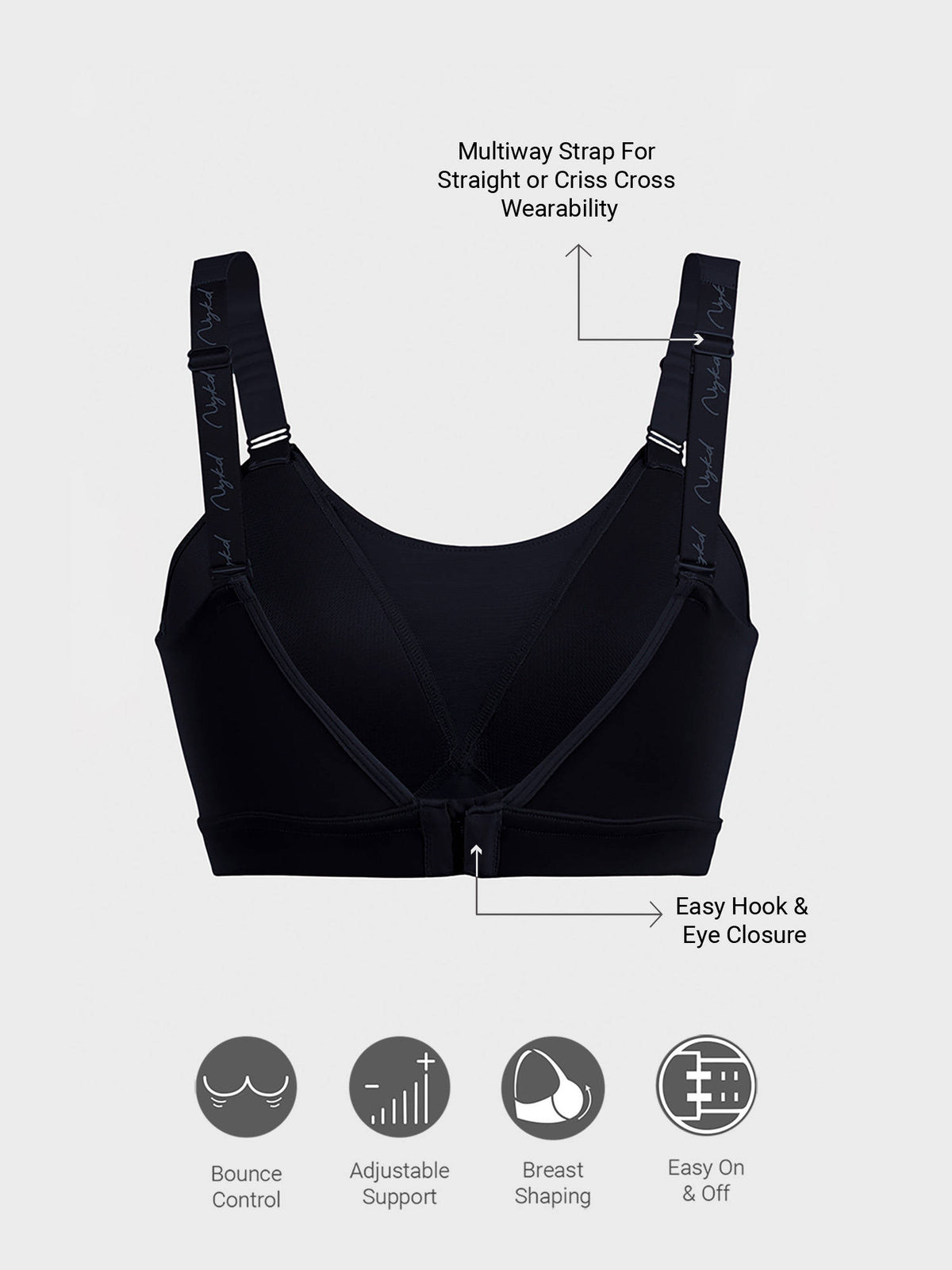 Multiway Adjustable High Impact Bounce Control Padded Sports Bra NYK908 Jet Black | sb09 - view 3