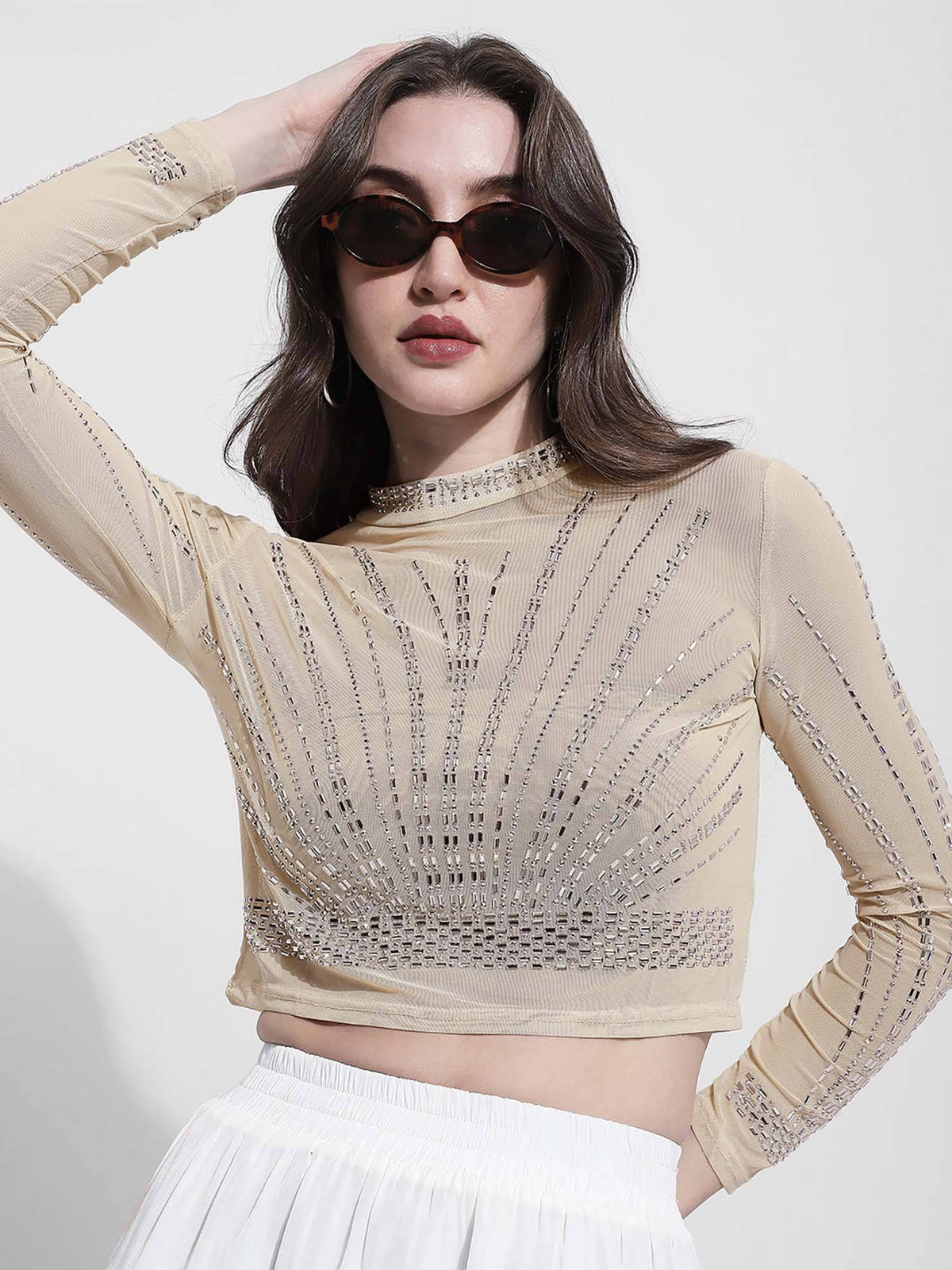 Edition Womens Embellished Beige Mesh Crop Top | CT61 - view 2