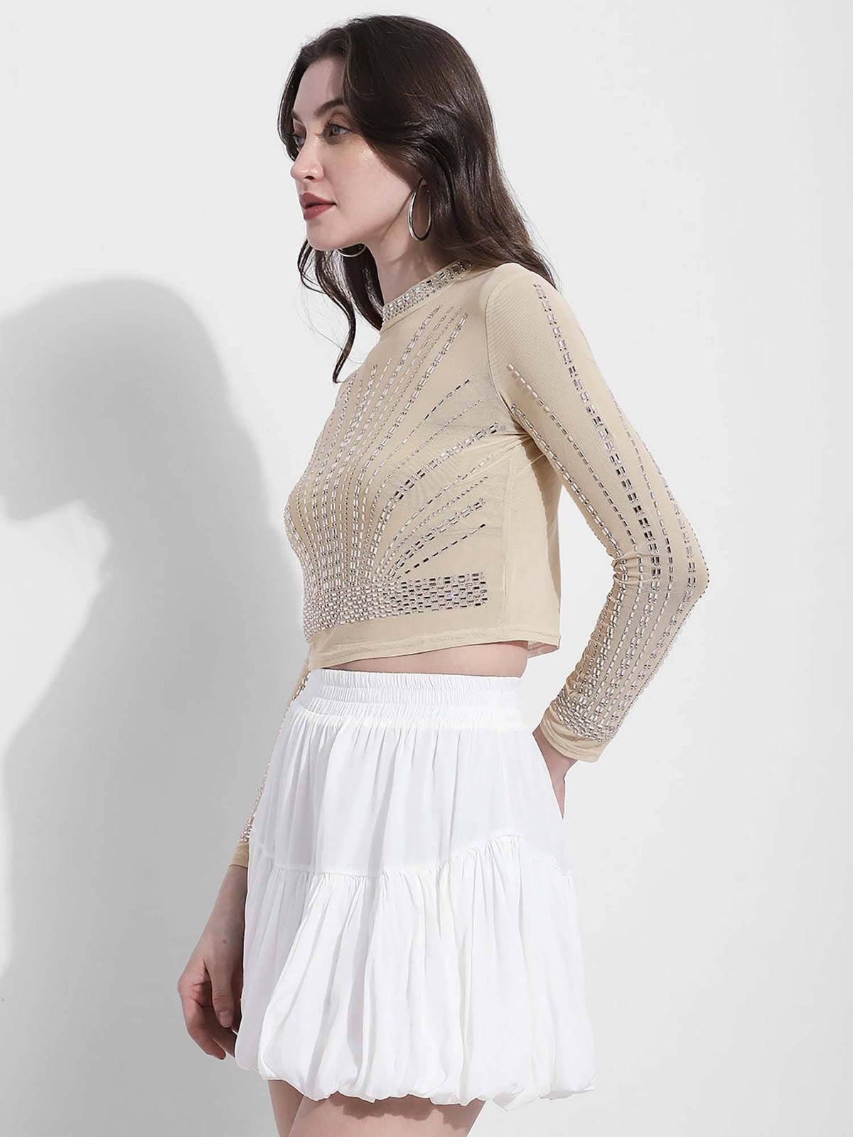 Edition Womens Embellished Beige Mesh Crop Top | CT61 - view 3