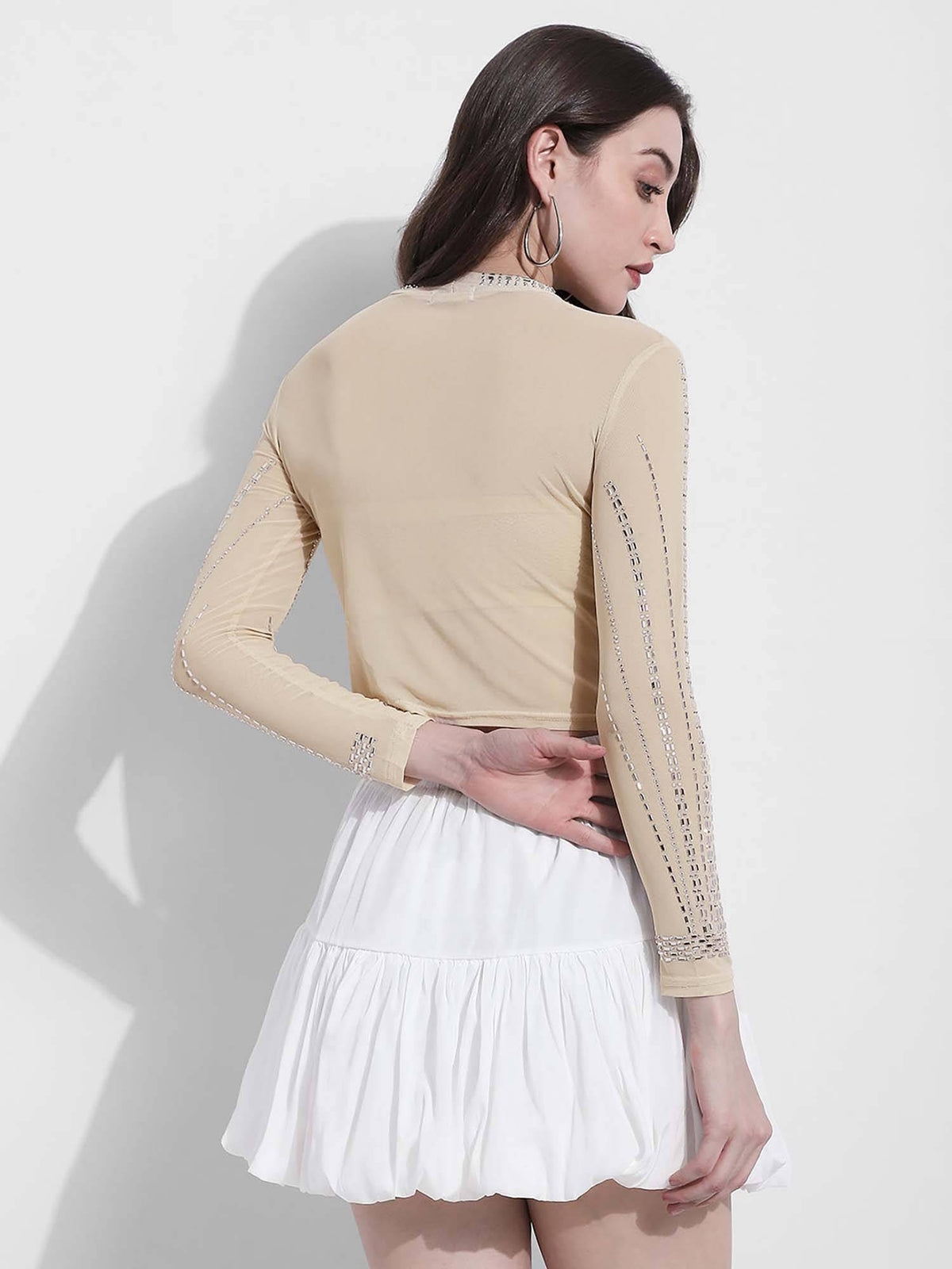 Edition Womens Embellished Beige Mesh Crop Top | CT61 - view 4