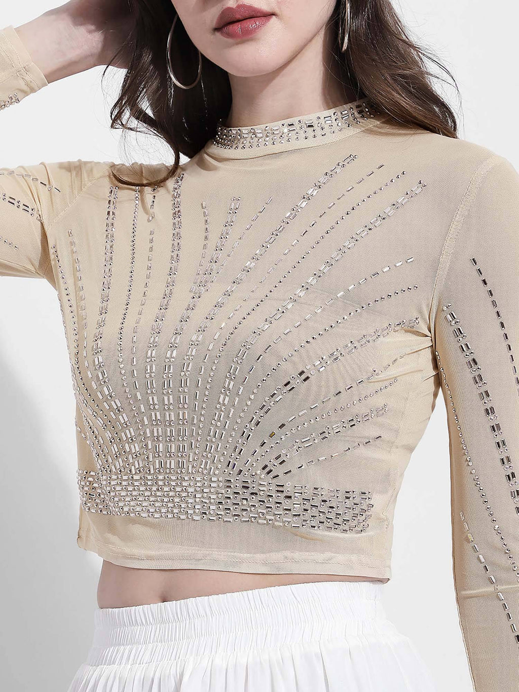 Edition Womens Embellished Beige Mesh Crop Top | CT61 - view 6