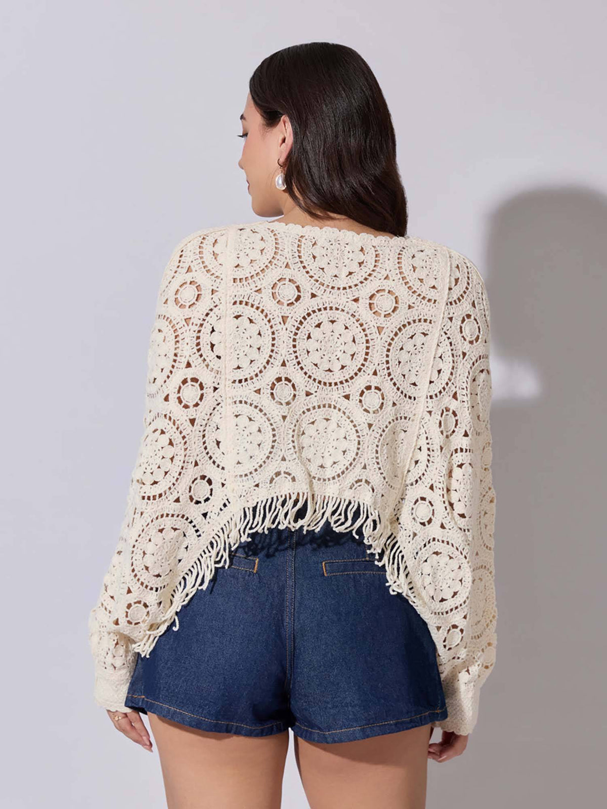 Edition Womens Cream Crochet Crop Top with Fringe Hem | CT61 - view 2
