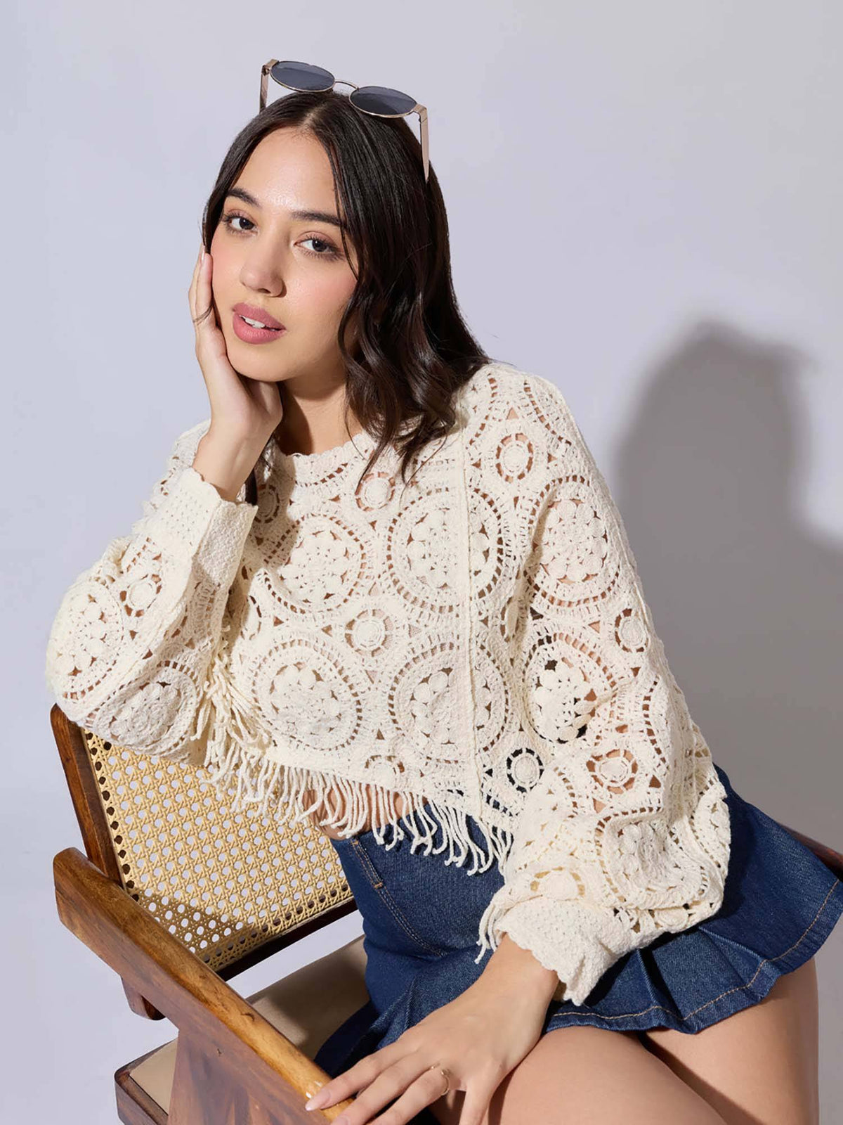 Edition Womens Cream Crochet Crop Top with Fringe Hem | CT61 - view 4
