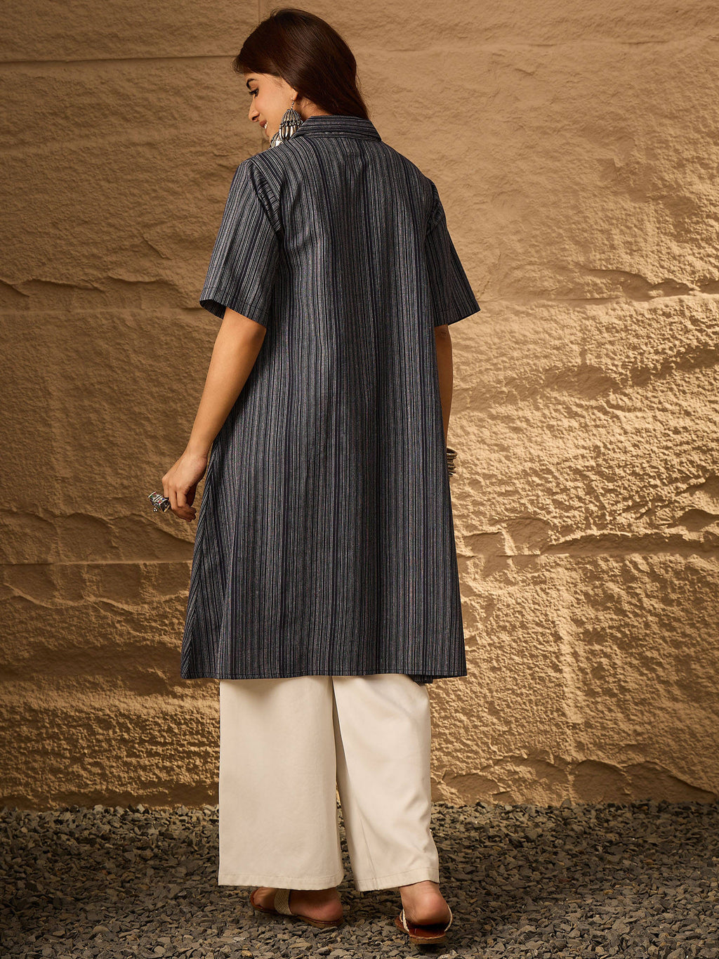 Navy Blue Stripes Relaxed Fit Kurta | KDG - view 2