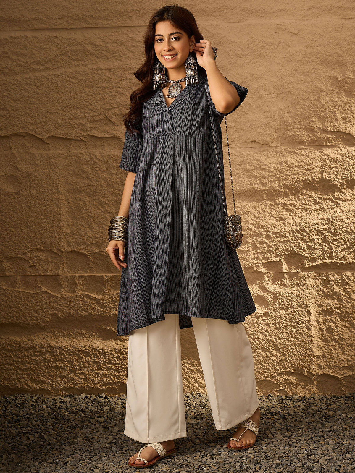 Navy Blue Stripes Relaxed Fit Kurta | KDG - view 5