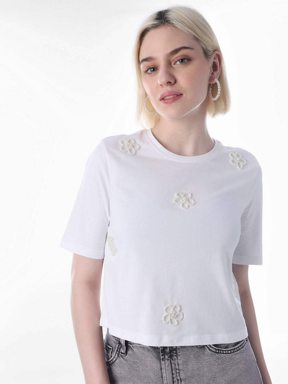 Womens Embroidery Boxy Fit White T-Shirt | TS56 - view 1