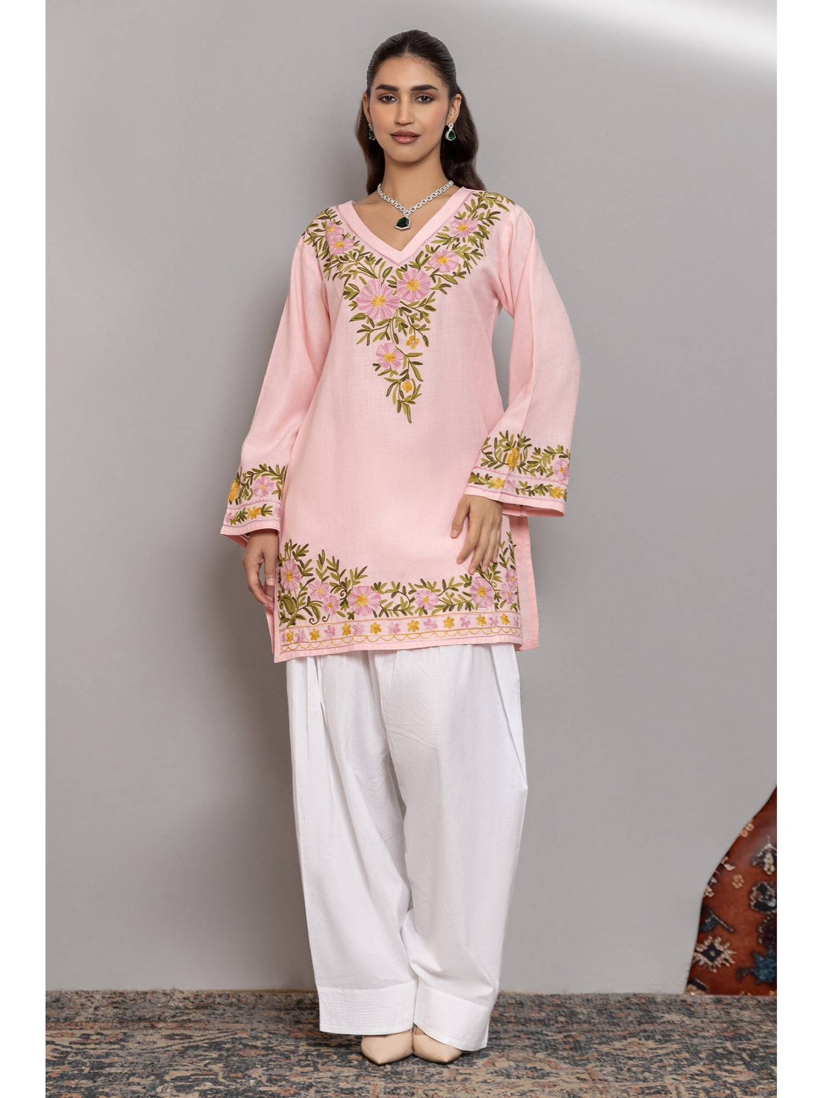Cotton Kashmiri Aari Pink Kurta | KDG - view 3