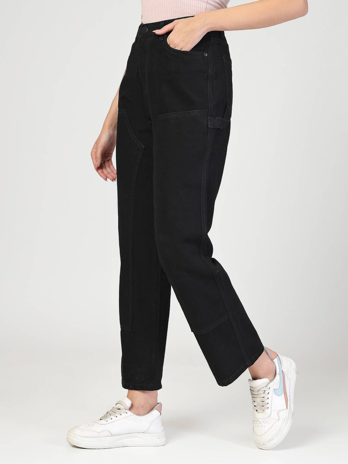 Women Black Relaxed Fit High Rise Carpenter Jeans | RF89 - view 4