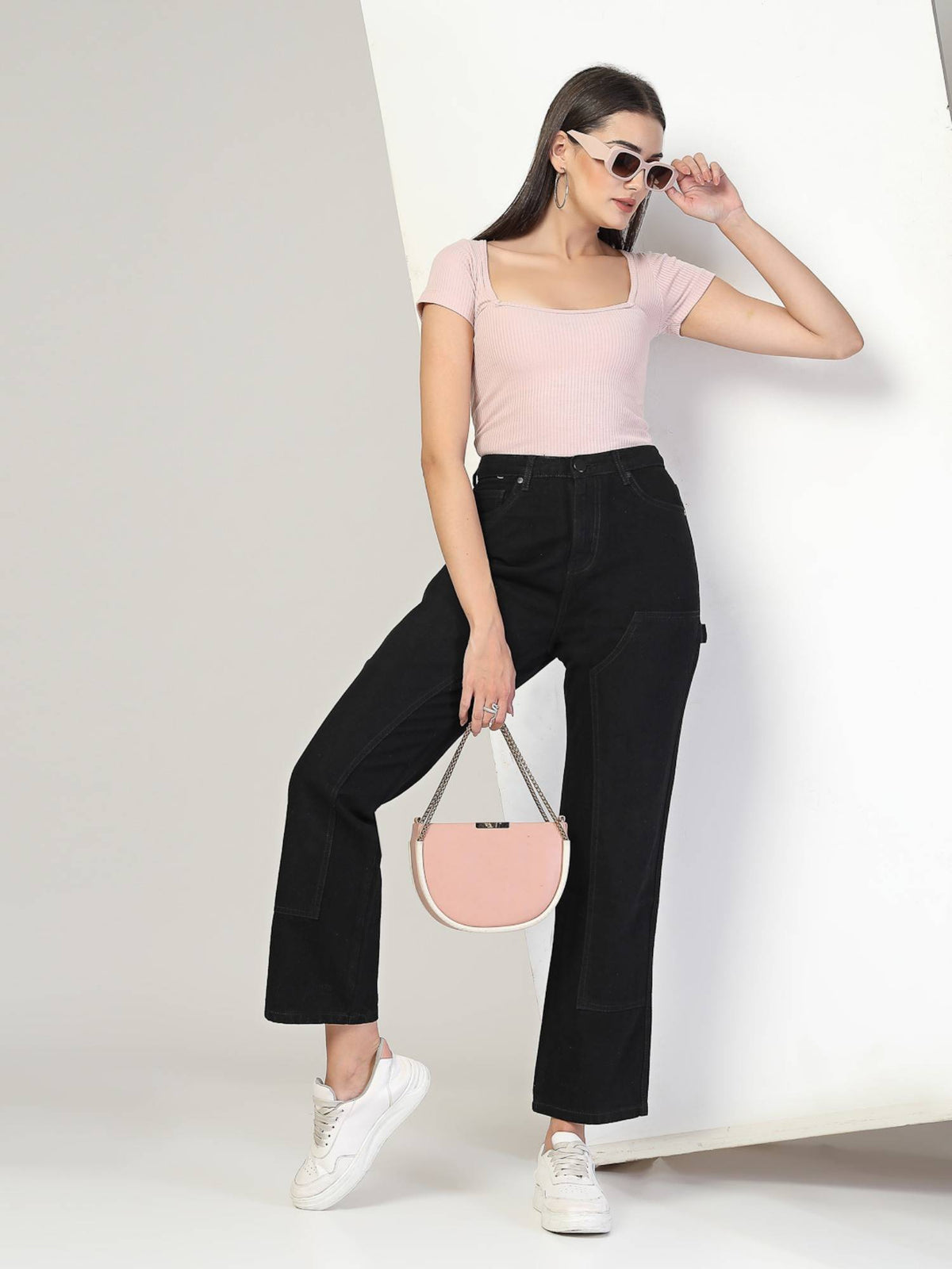 Women Black Relaxed Fit High Rise Carpenter Jeans | RF89 - view 5