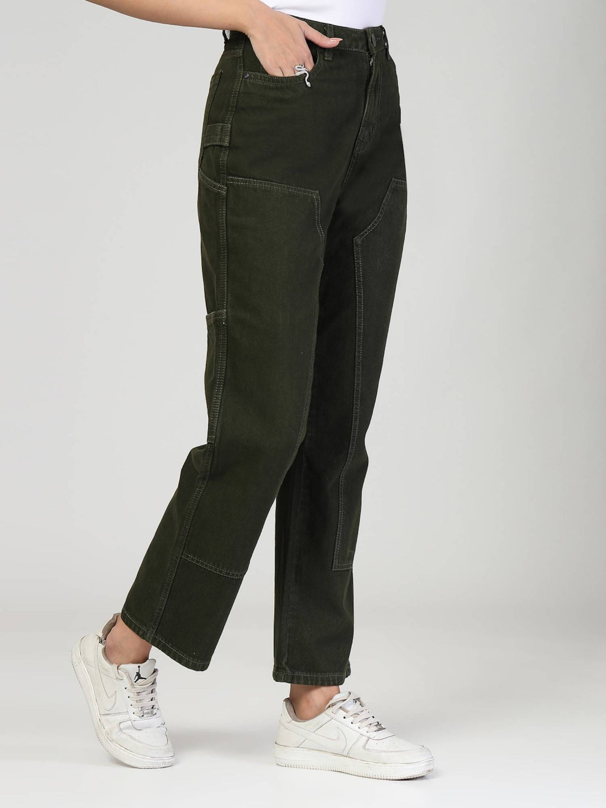 Women Olive Relaxed Fit High Rise Carpenter Jeans | RF89 - view 4