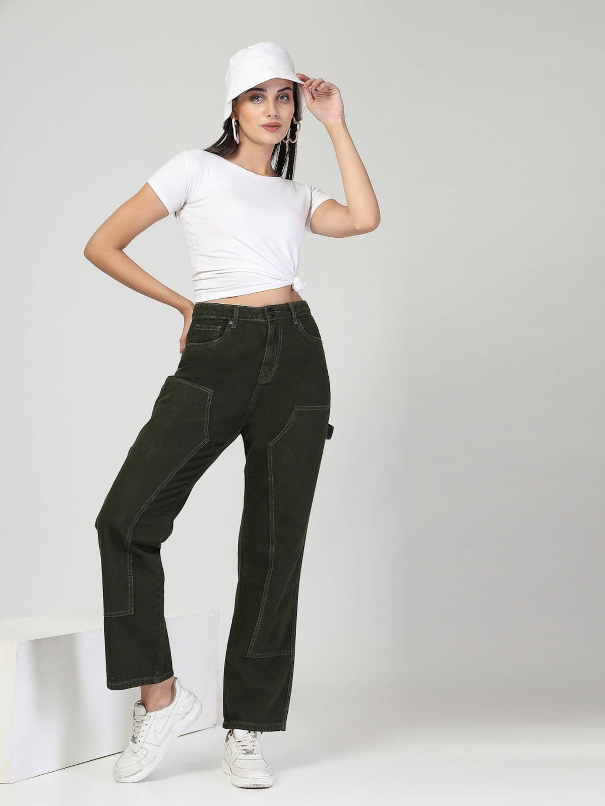 Women Olive Relaxed Fit High Rise Carpenter Jeans | RF89 - view 5