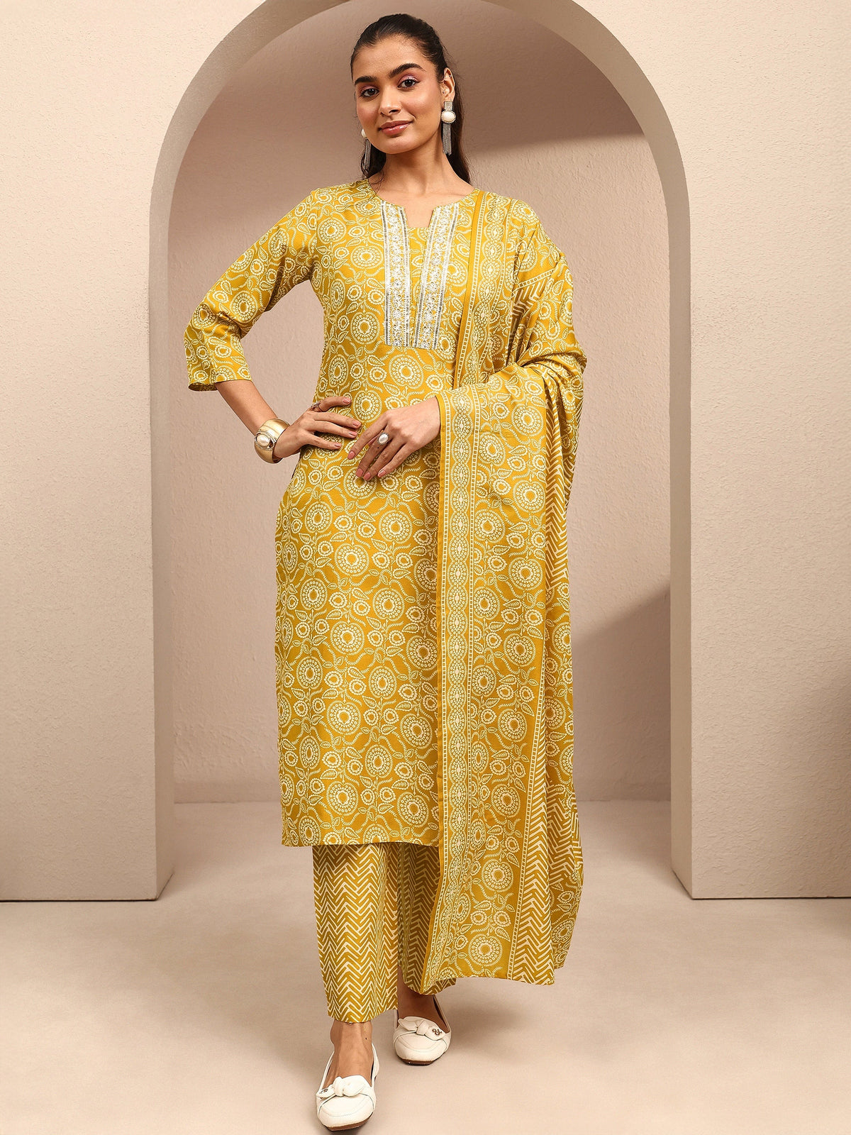 Gerua Mustard Printed Cotton Blend Straight Suit Set With Dupatta