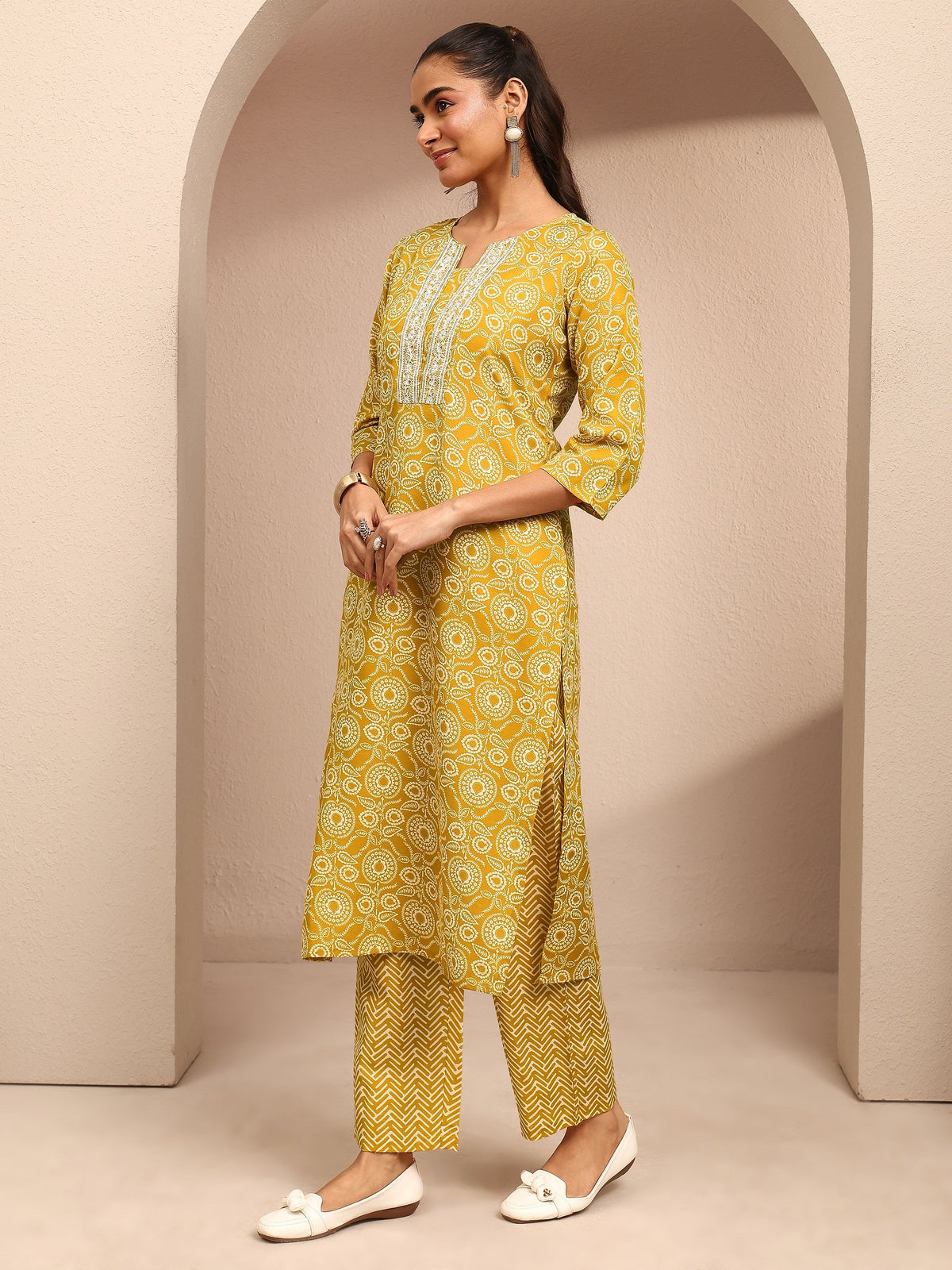 Gerua Mustard Printed Cotton Blend Straight Suit Set With Dupatta