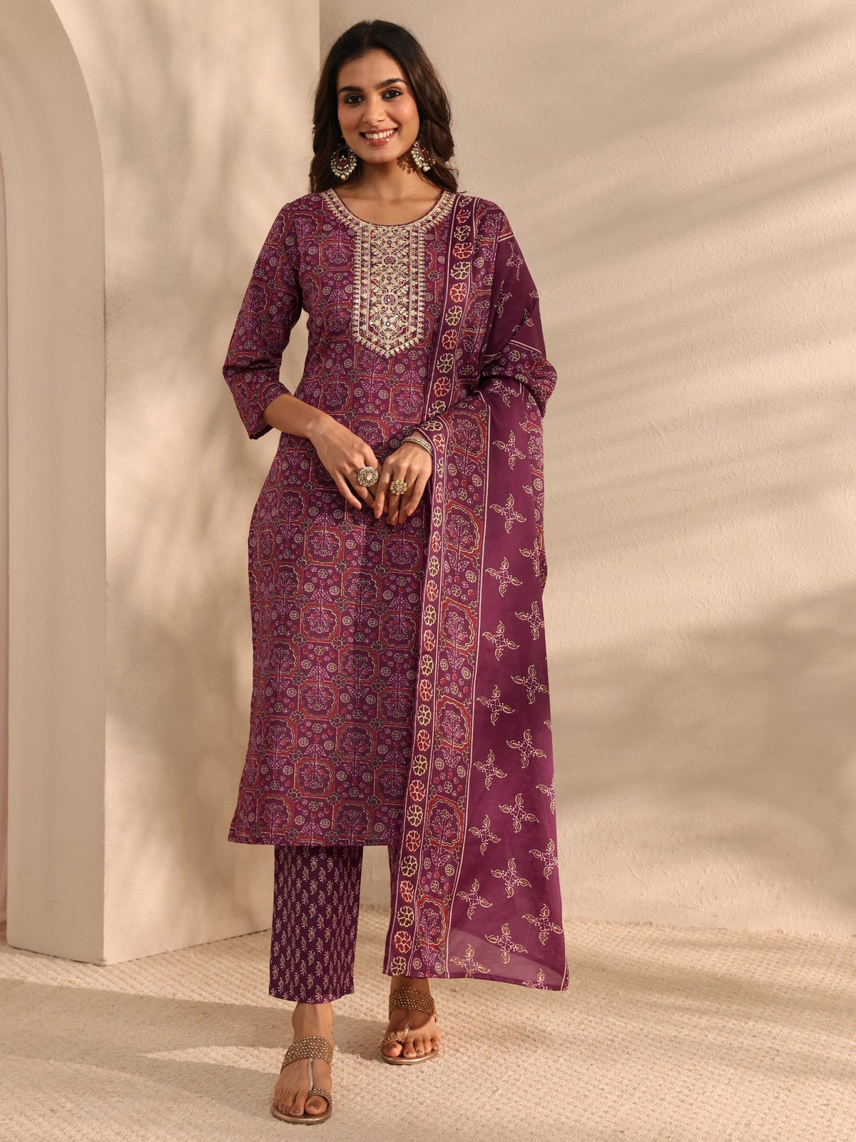 Gerua Burgundy Ajrak Printed Straight Suit Set With Dupatta KS67