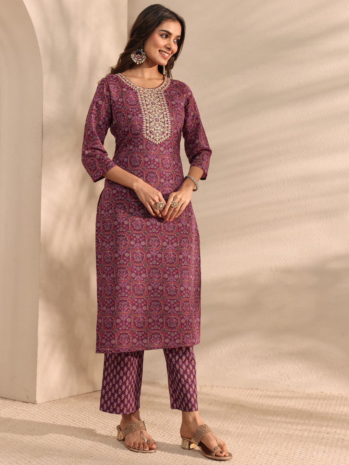 Gerua Burgundy Ajrak Printed Cotton Blend Straight Suit Set With Dupatta