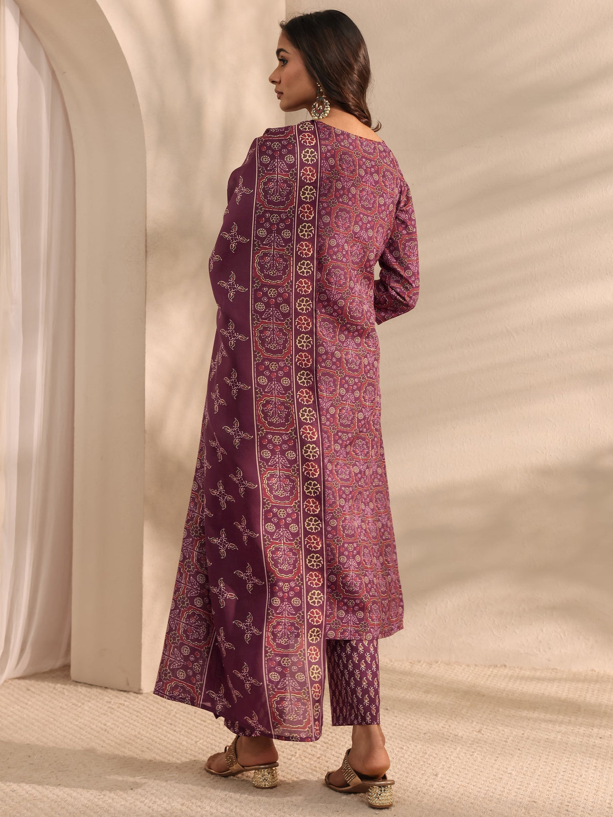 Gerua Burgundy Ajrak Printed Cotton Blend Straight Suit Set With Dupatta