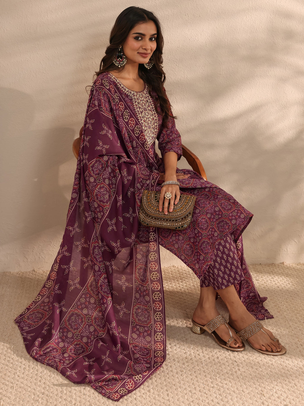 Gerua Burgundy Ajrak Printed Cotton Blend Straight Suit Set With Dupatta