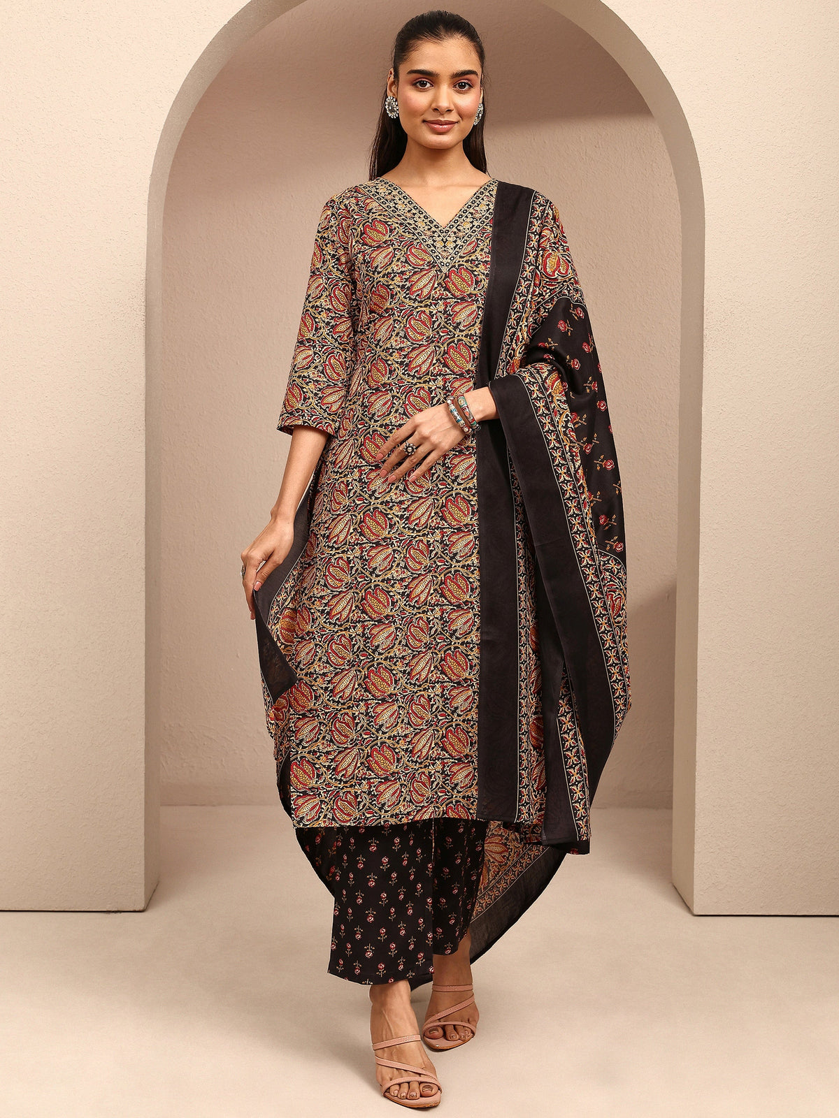 Gerua Black Printed Cotton Blend Straight Suit Set With Dupatta