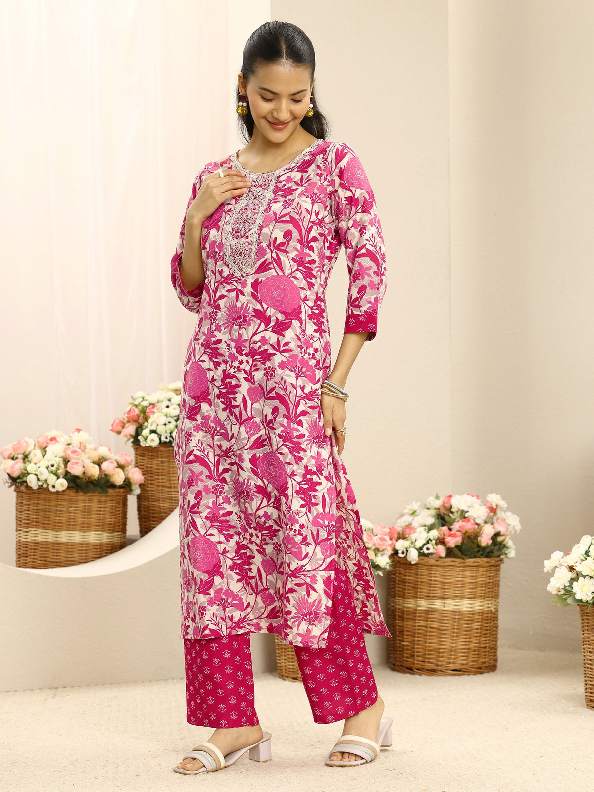 Gerua Pink Ethnic Motif Printed Cotton Blend Straight Suit Set With Dupatta