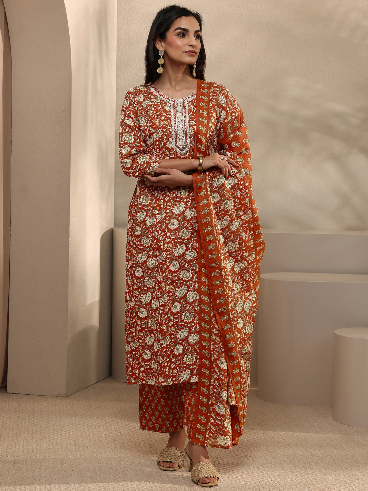 Gerua Orange Abstract Printed Cotton Blend Straight Suit Set With Dupatta