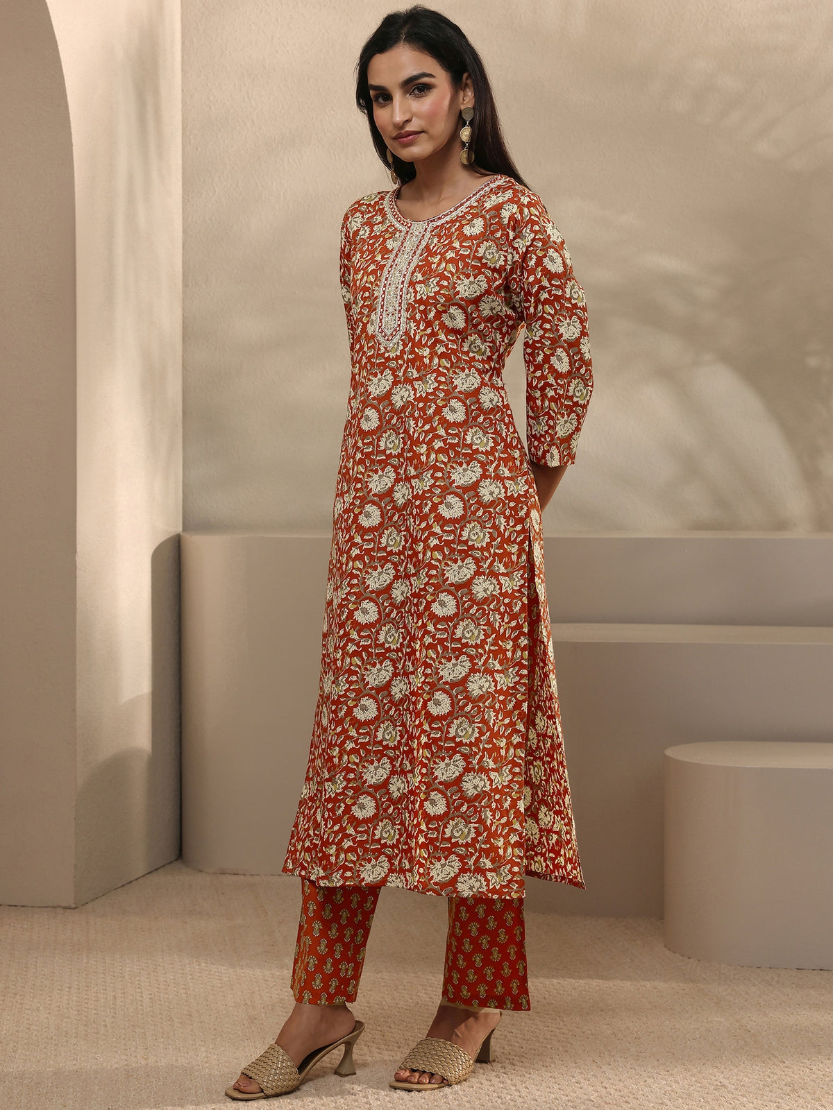 Gerua Orange Abstract Printed Cotton Blend Straight Suit Set With Dupatta