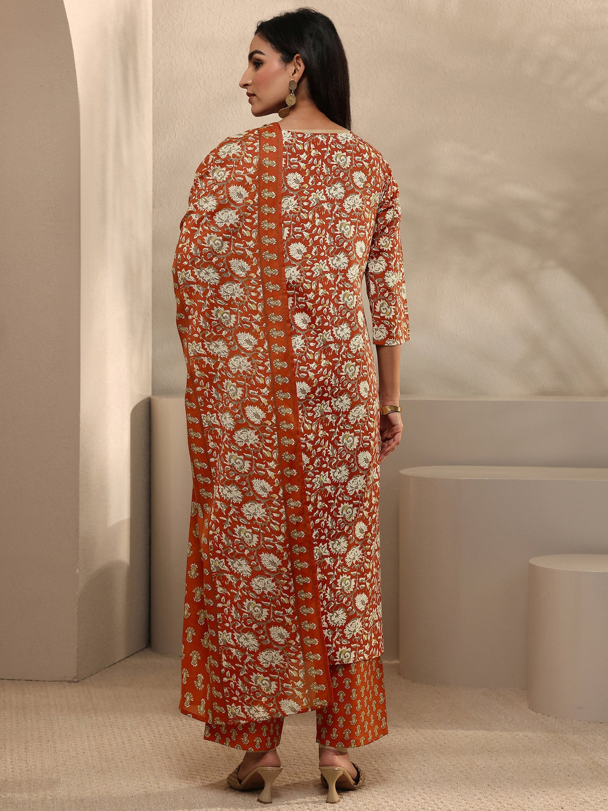 Gerua Orange Abstract Printed Cotton Blend Straight Suit Set With Dupatta