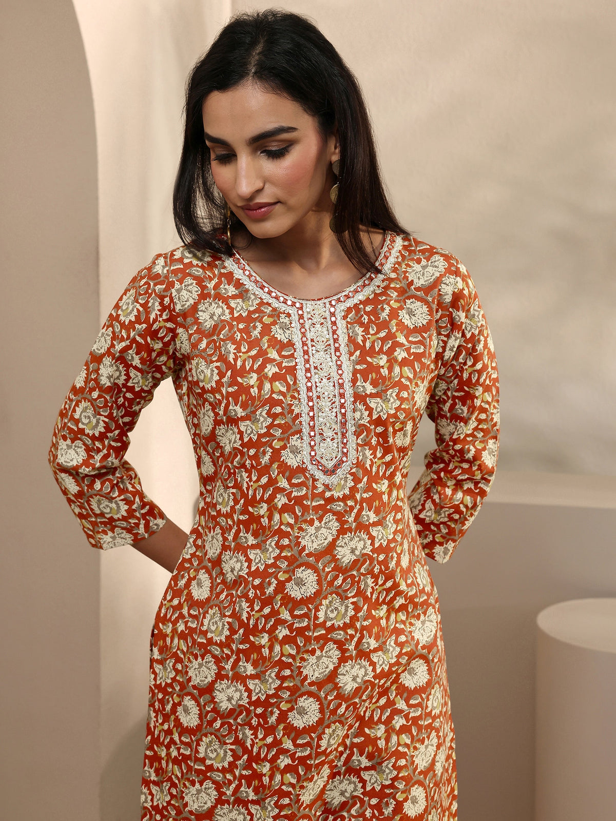 Gerua Orange Abstract Printed Cotton Blend Straight Suit Set With Dupatta